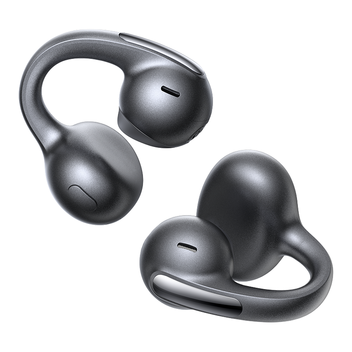 Due auricolari grigi con ganci auricolari curvi. Un paio in alto e un altro in basso su sfondo nero.