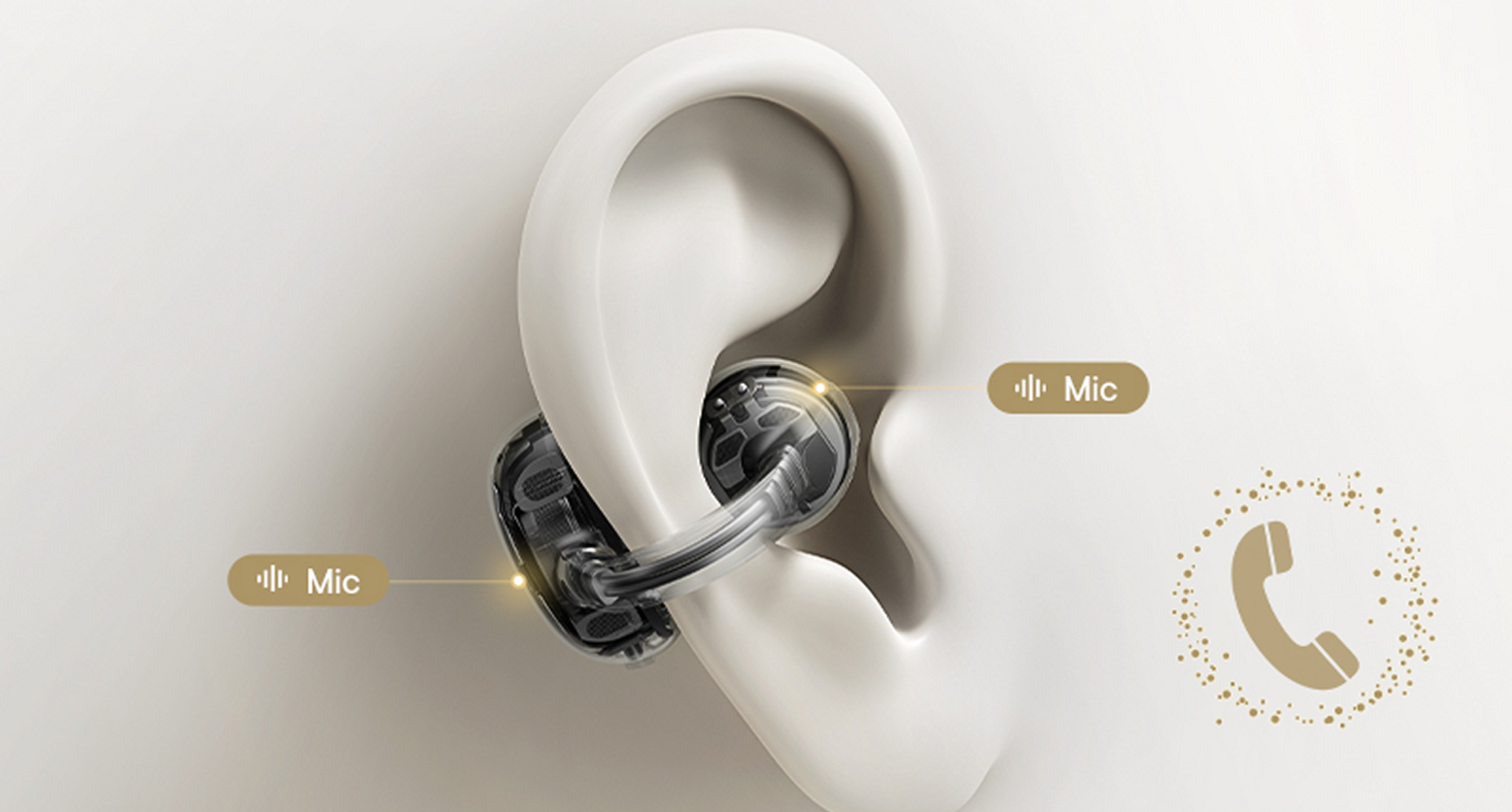 Un orecchio con un auricolare trasparente. Le etichette indicano 'Mic'. Un'icona del telefono è sulla destra.