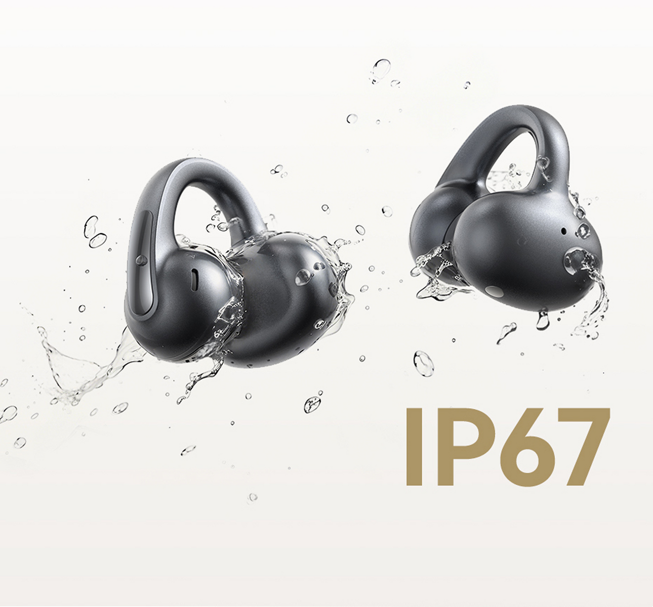 Due auricolari wireless grigi con goccioline d'acqua, a indicare la resistenza all'acqua. Il testo 'IP67' è in basso a destra.
