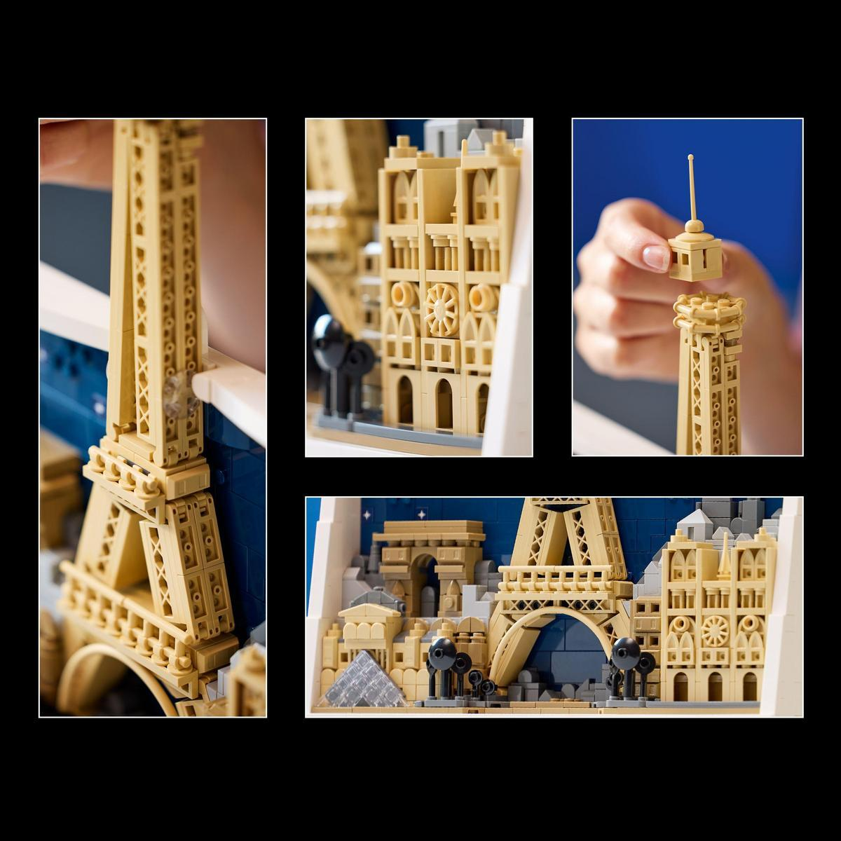Model Lego paryskich zabytków. Widoczna wieża Eiffla, Łuk Triumfalny i Notre Dame, wszystkie zbudowane z klocków Lego.