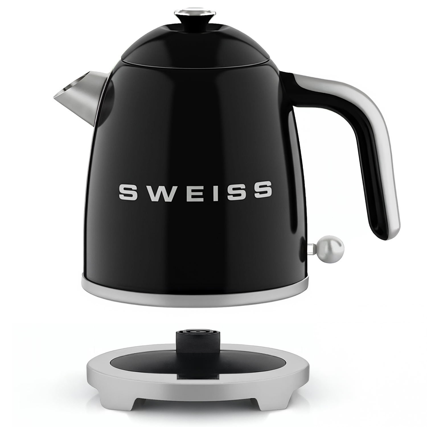 Ein schwarzer Wasserkocher mit silbernen Akzenten. Das Wort 'SWEISS' ist darauf gedruckt. Der Wasserkocher steht auf seinem Sockel, ebenfalls silber.