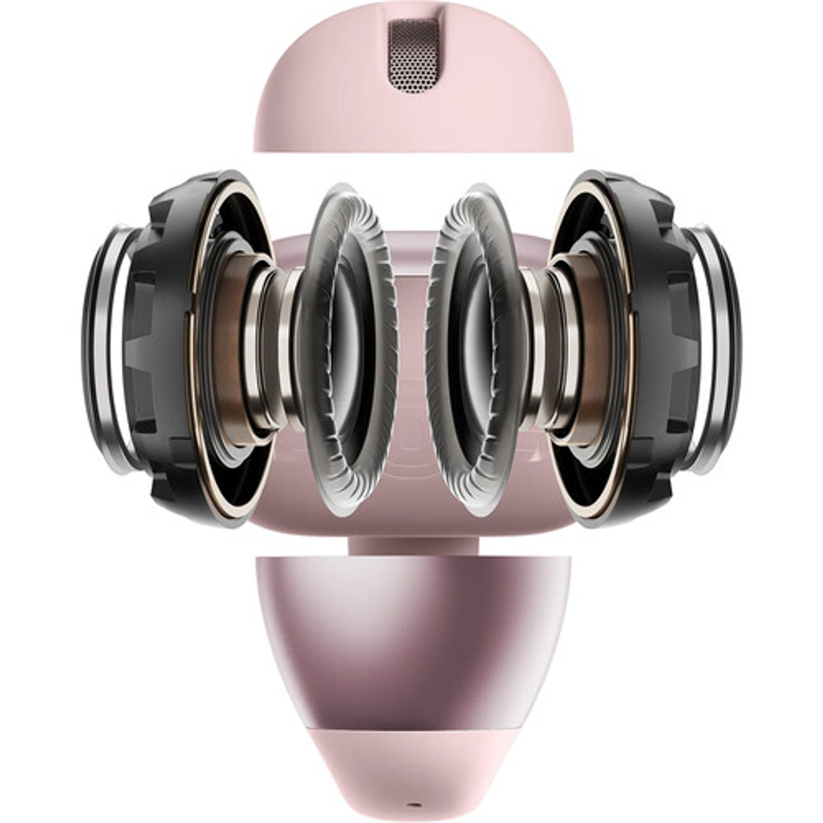 Różowe i czarne elementy douszne zdemontowane. Pokazuje głośnik, wnętrzności i zewnętrzną obudowę.