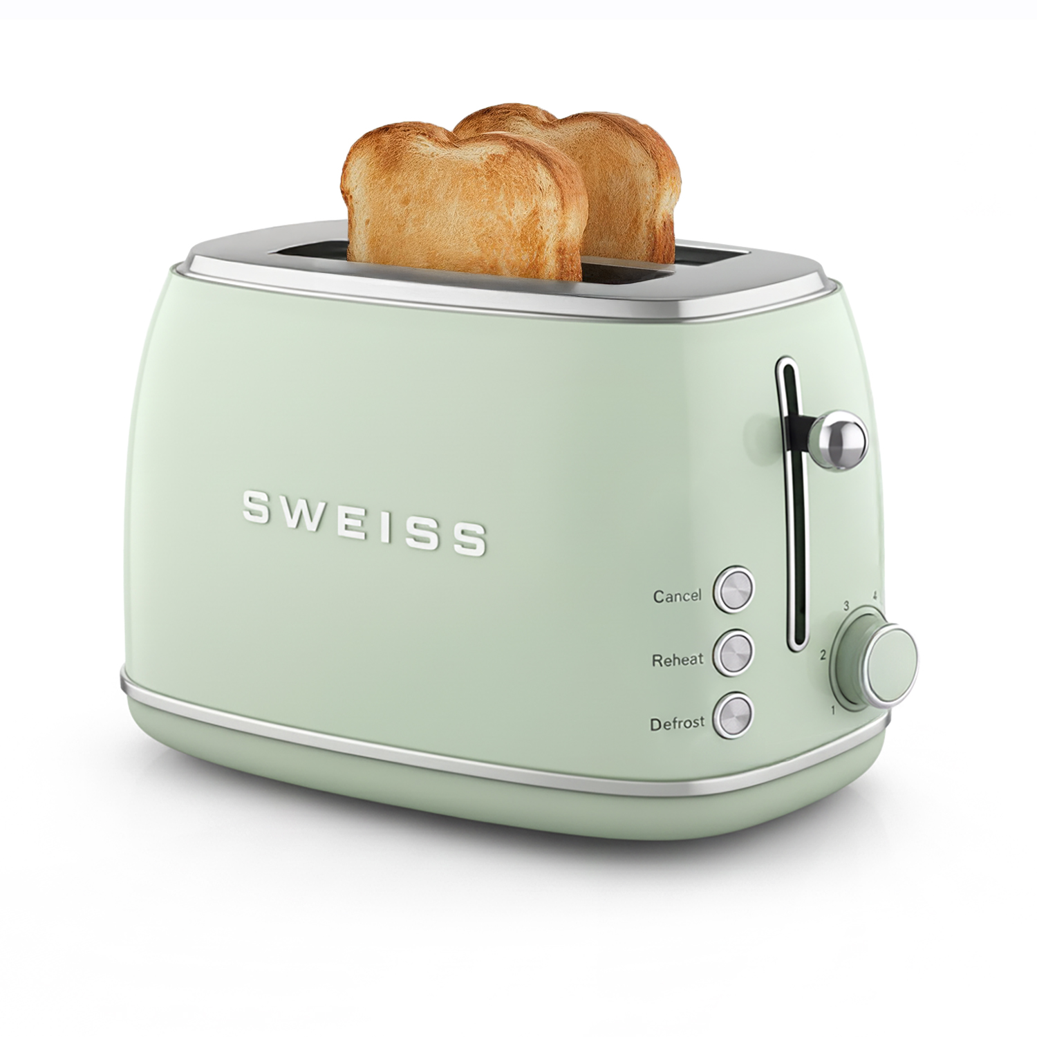 Ein mintgrüner Toaster mit zwei Toastscheiben. Die Bedienelemente umfassen Abbrechen, Aufwärmen, Auftauen und einen Drehregler.