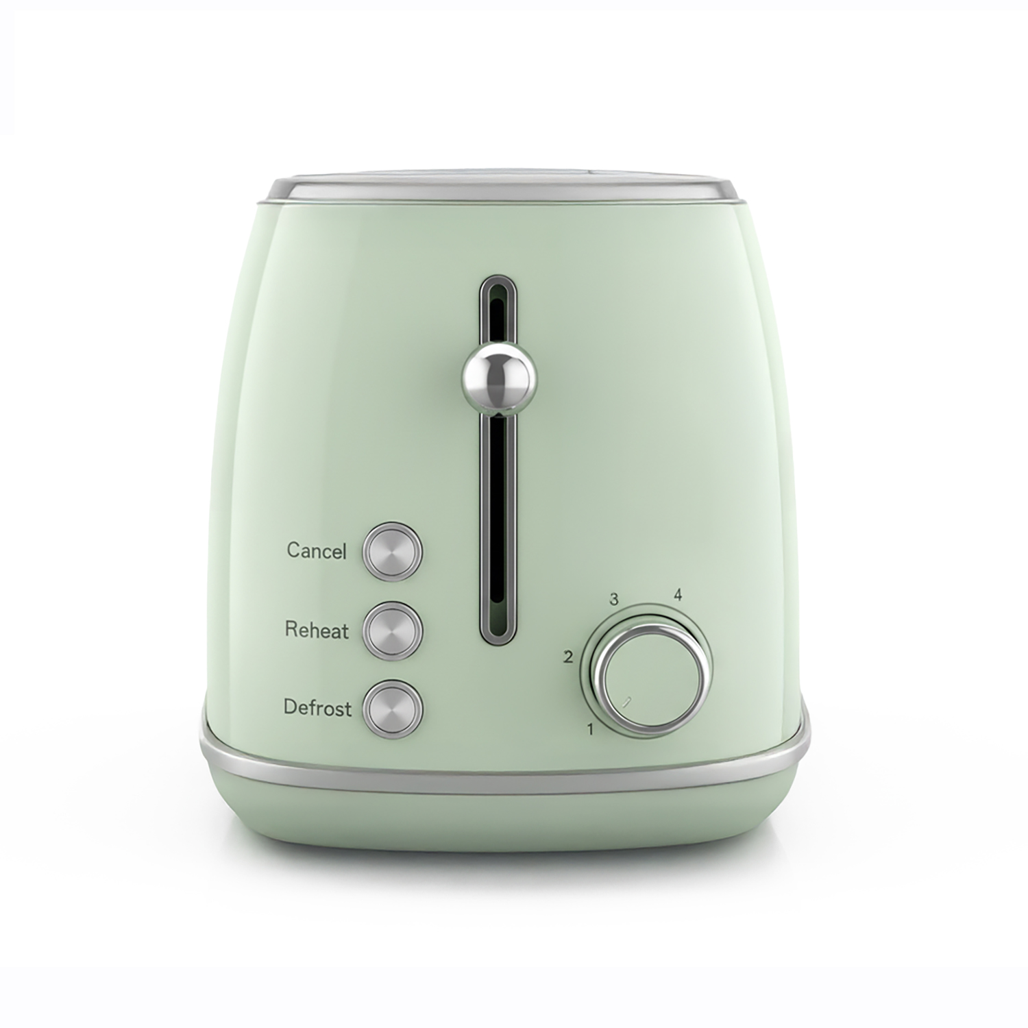 Ein mintgrüner Toaster mit silbernen Akzenten. Er hat einen Hebel, Knöpfe für Abbrechen, Aufwärmen und Auftauen und einen Bräunungsregler.