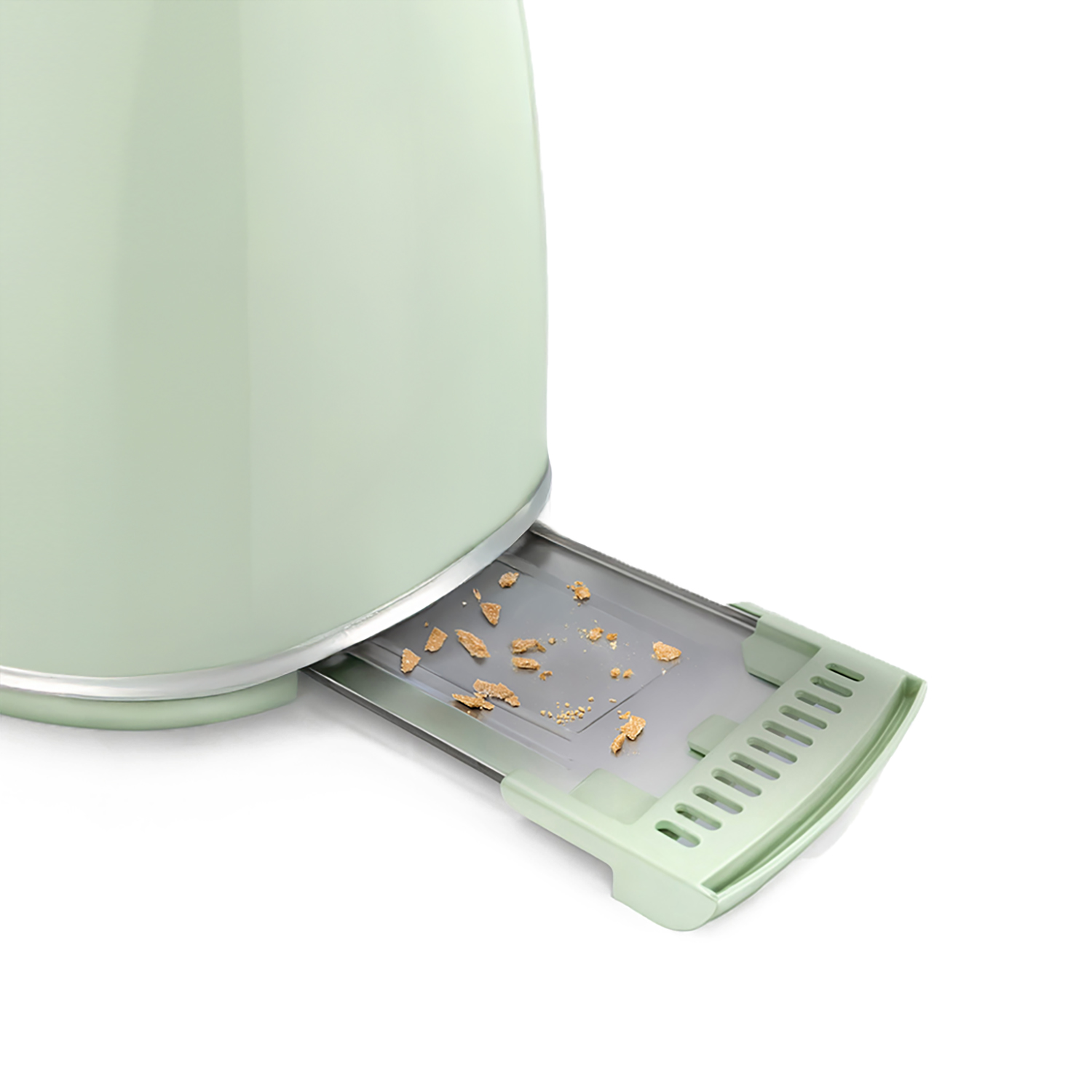 Ein mintgrüner Toaster mit Krümelschublade. Die Schublade ist teilweise herausgezogen und zeigt Brotkrümel. Weißer Hintergrund.