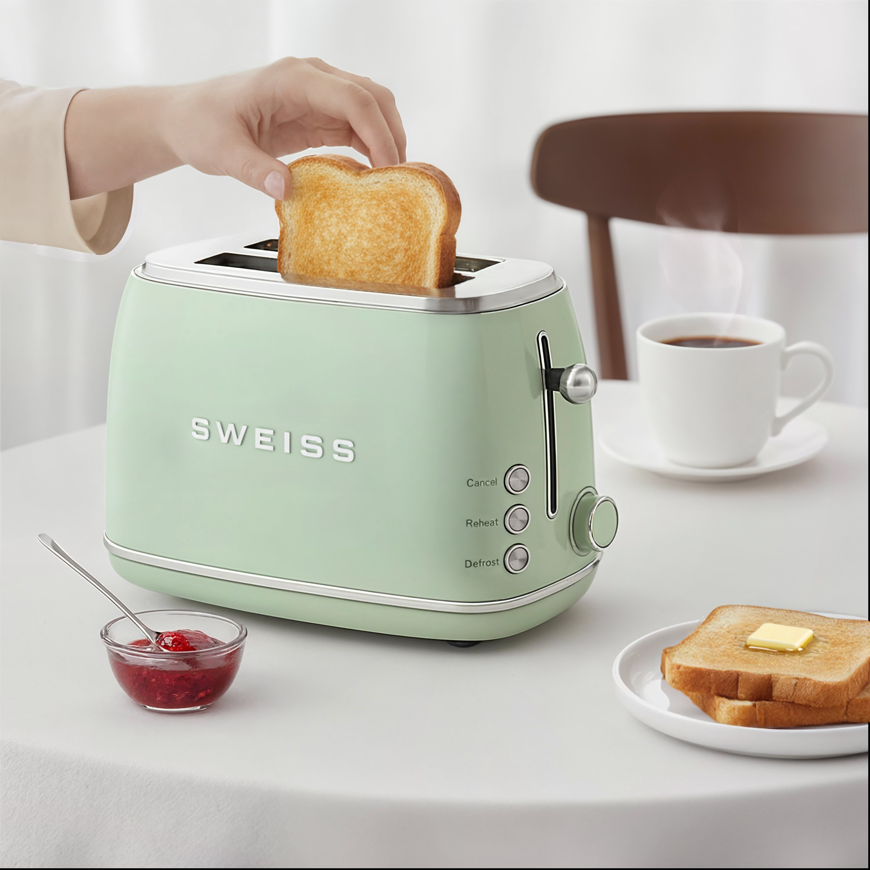 Eine Hand legt Toast in einen mintgrünen Toaster. Kaffee, Marmelade und Toast mit Butter stehen auf dem Tisch.