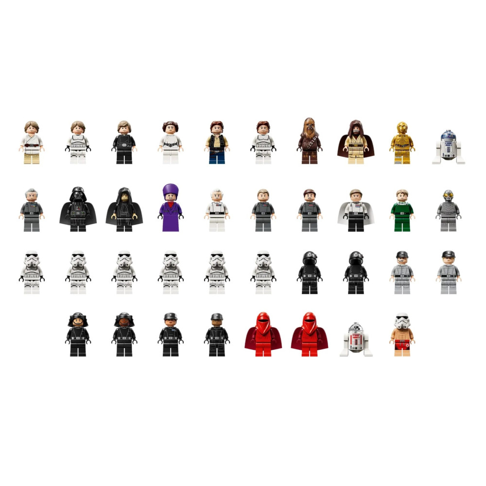 Kolekcja figurek Lego Star Wars, w tym postaci takie jak Luke, Darth Vader, szturmowcy i droidy, ustawione w rzędach.
