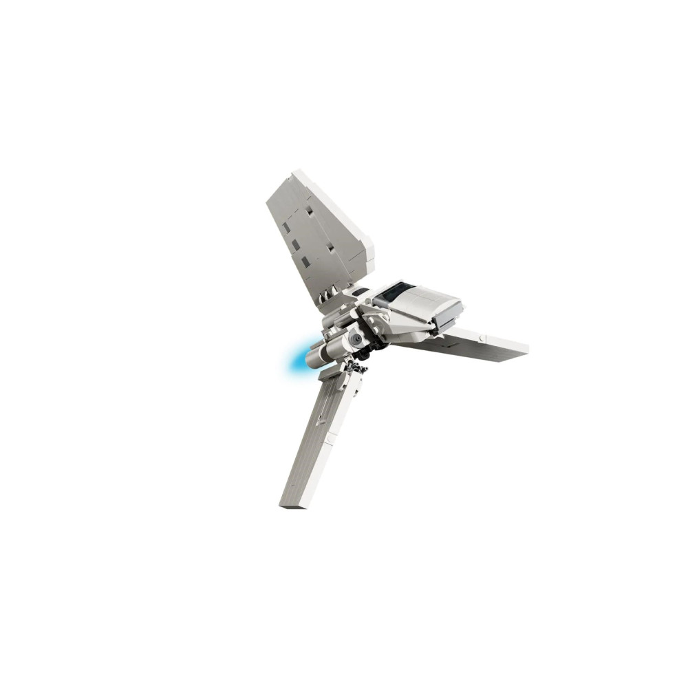 Biały model Lego statku kosmicznego z rozłożonymi skrzydłami. Tło jest białe, z niebieską poświatą przy silnikach.