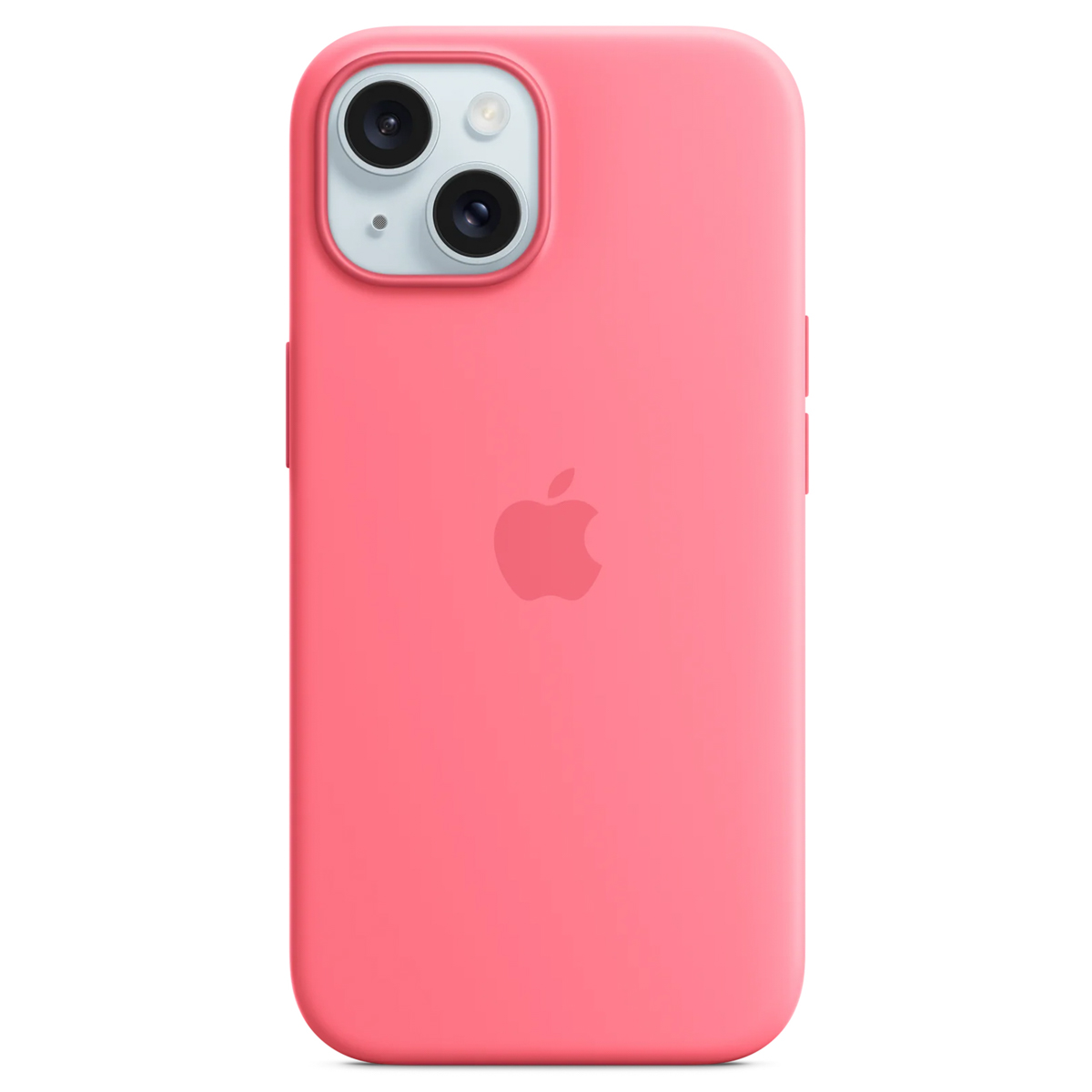 Eine rosa iPhone-Hülle mit dem Apple-Logo. Sie hat einen Kameraausschnitt mit zwei Linsen und einem Blitz. Der Hintergrund ist weiß.