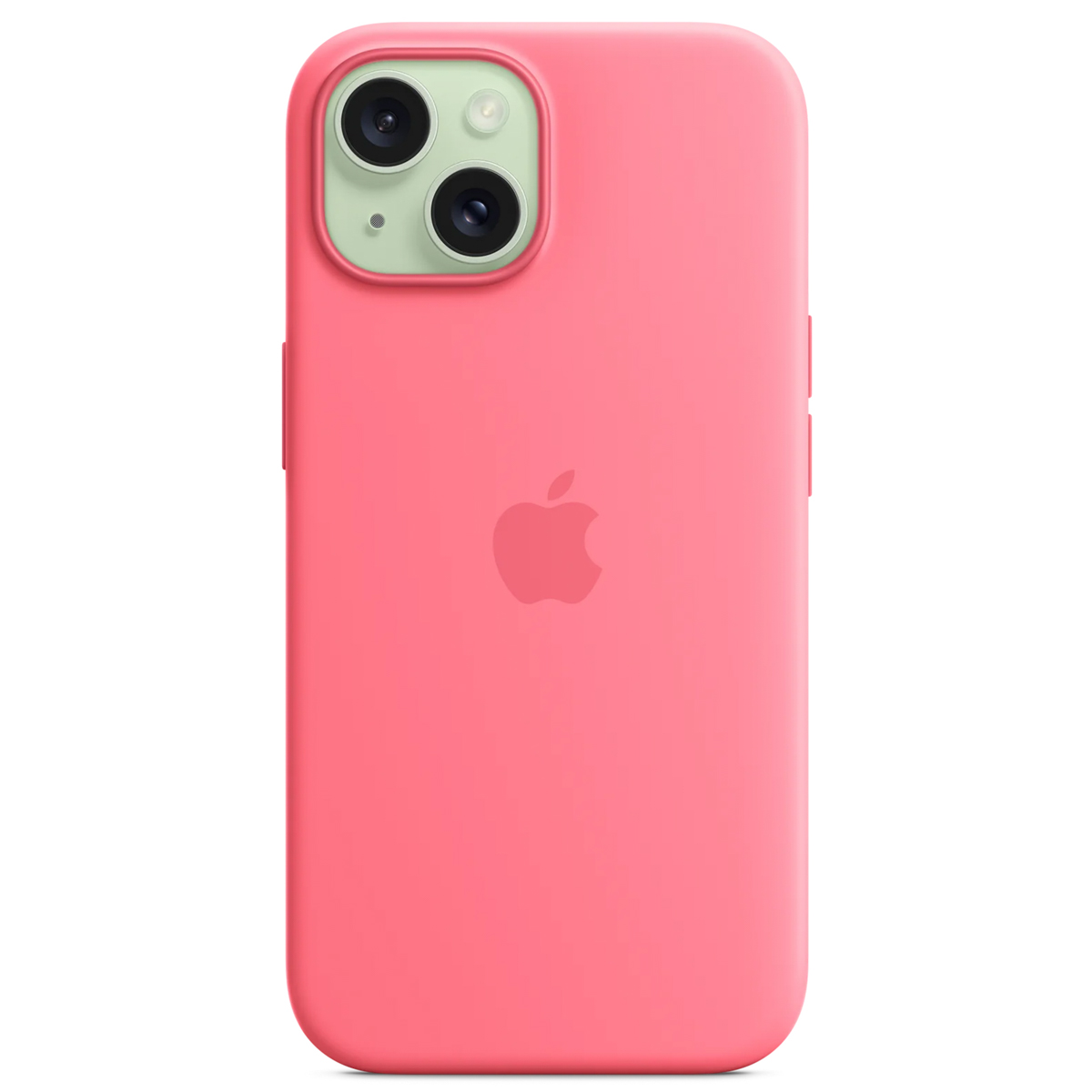 Eine pinkfarbene iPhone-Hülle mit dem Apple-Logo. Sie hat ein Kameramodul mit zwei Linsen und einem Blitz. Der Hintergrund ist weiß.