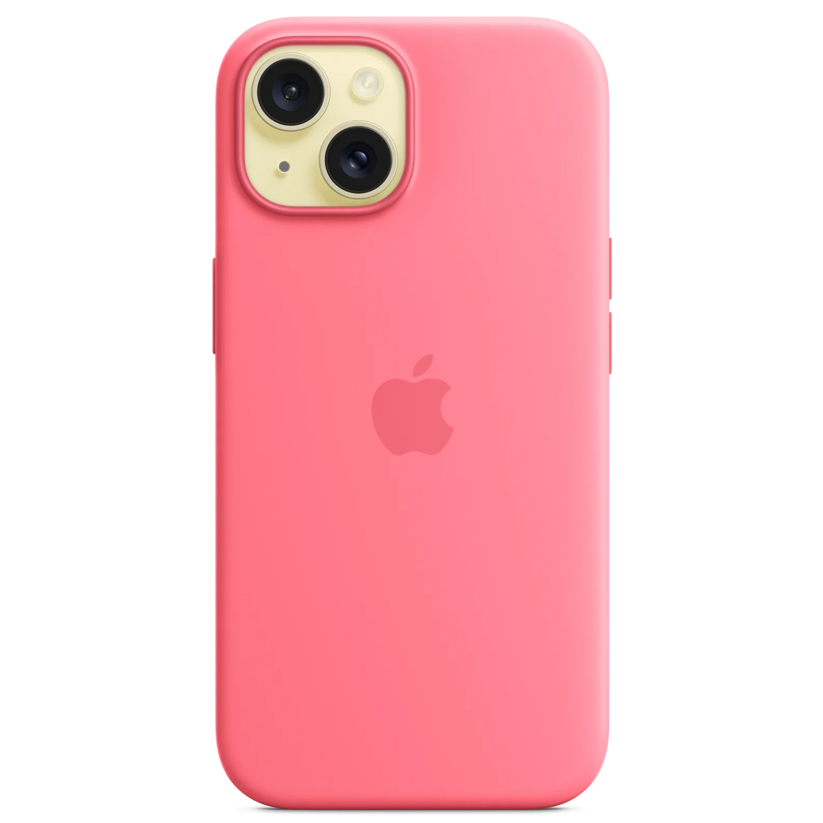 Eine rosa iPhone-Hülle mit dem Apple-Logo. Sie hat zwei Kameralinsen oben links. Der Hintergrund ist weiß.