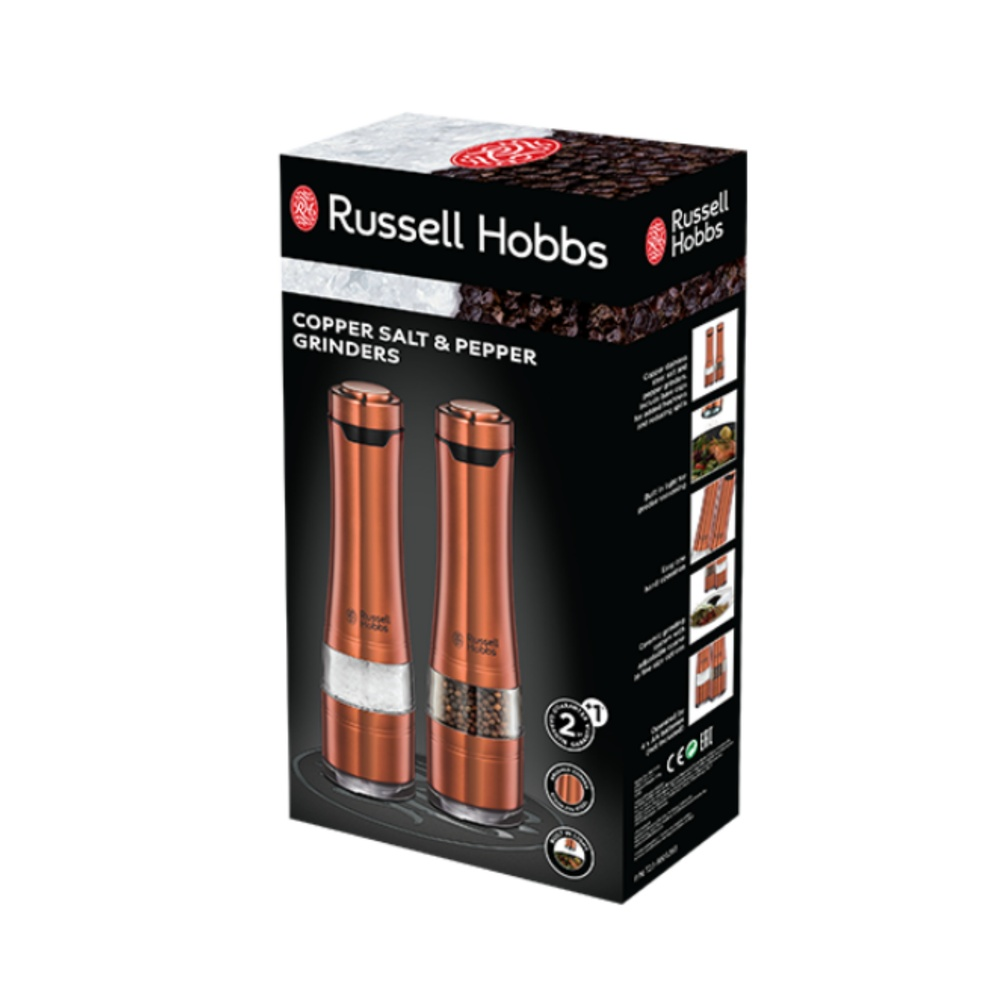 Russell Hobbs bakır tuz ve karabiber öğütücü kutusu. Kutu, öğütücüleri ve ürün detaylarını gösterir.