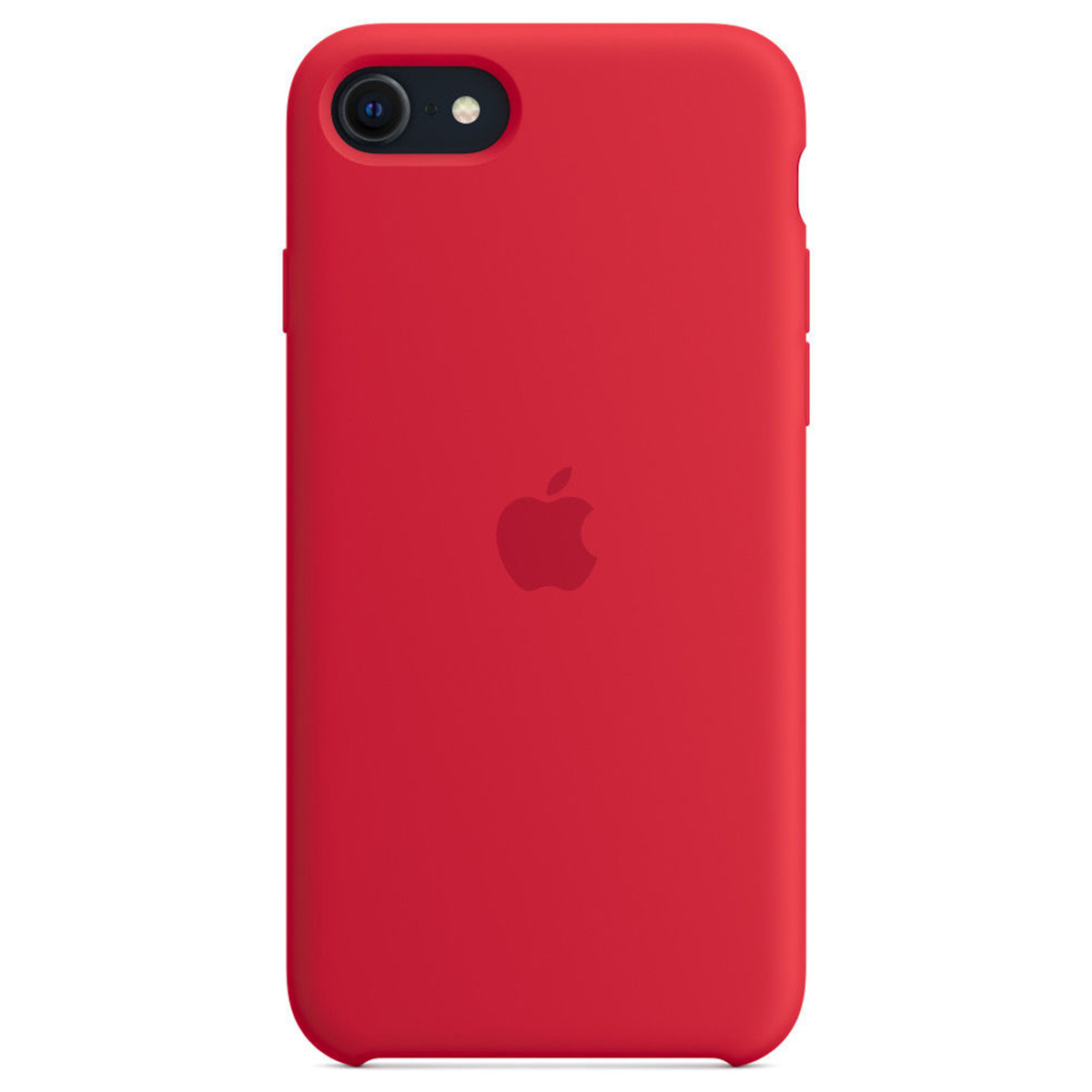 Una custodia rossa per iPhone con il logo Apple. La custodia ha una fotocamera e dettagli dei pulsanti. Lo sfondo è bianco.
