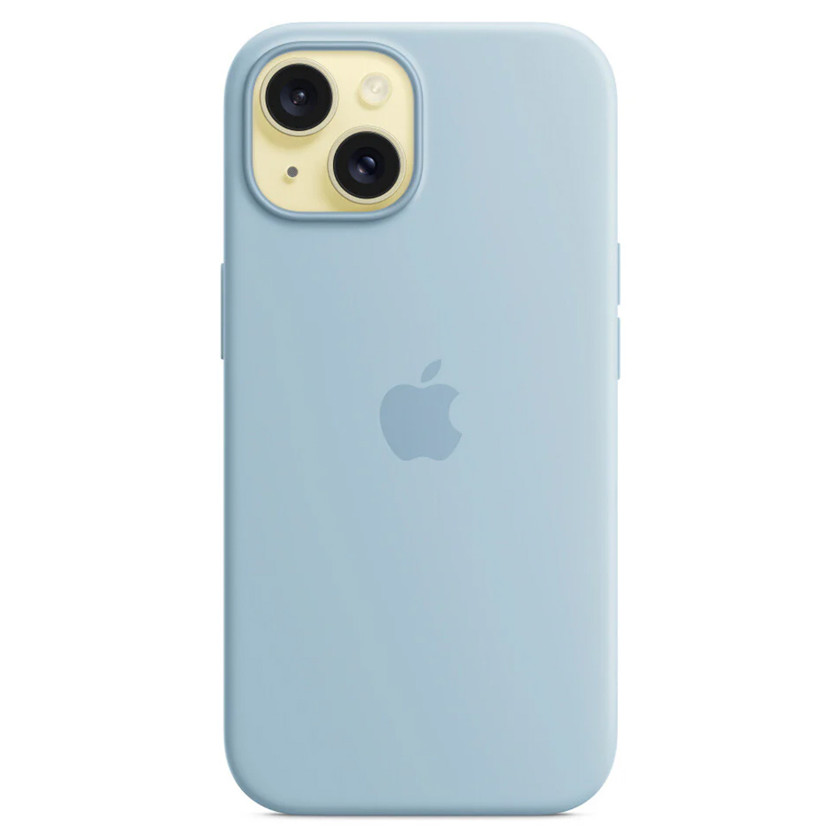 Ein hellblaues iPhone mit zwei Kameralinsen und einem Apple-Logo.
