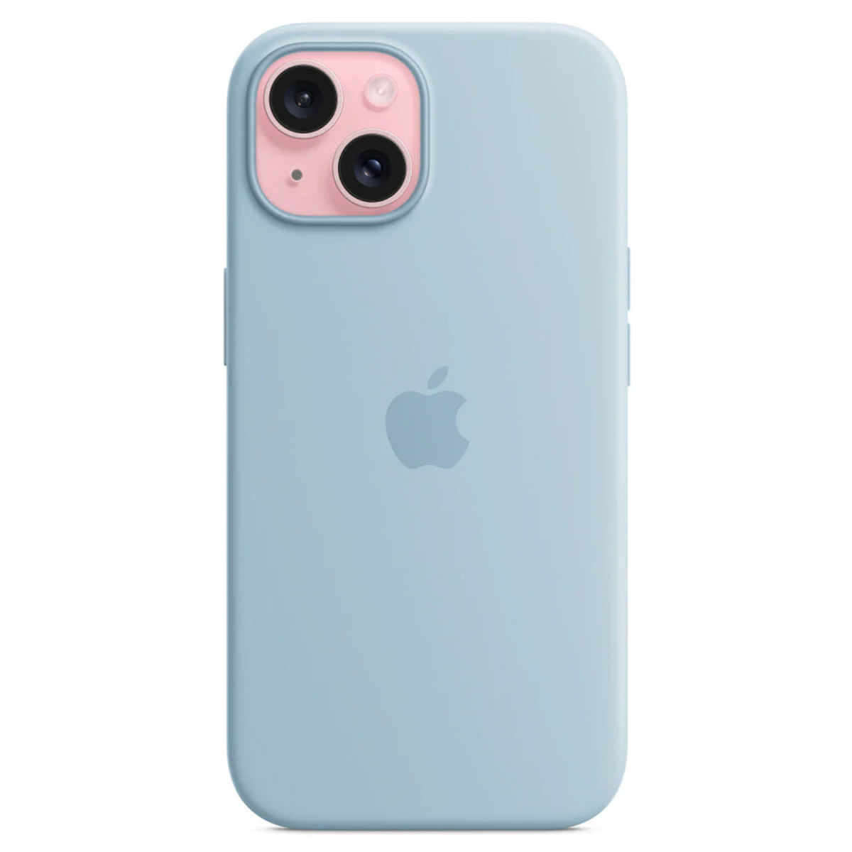Eine hellblaue iPhone-Hülle mit rosa Kameraausschnitt. Das Apple-Logo ist sichtbar. Zwei schwarze Kameralinsen sind vorhanden.