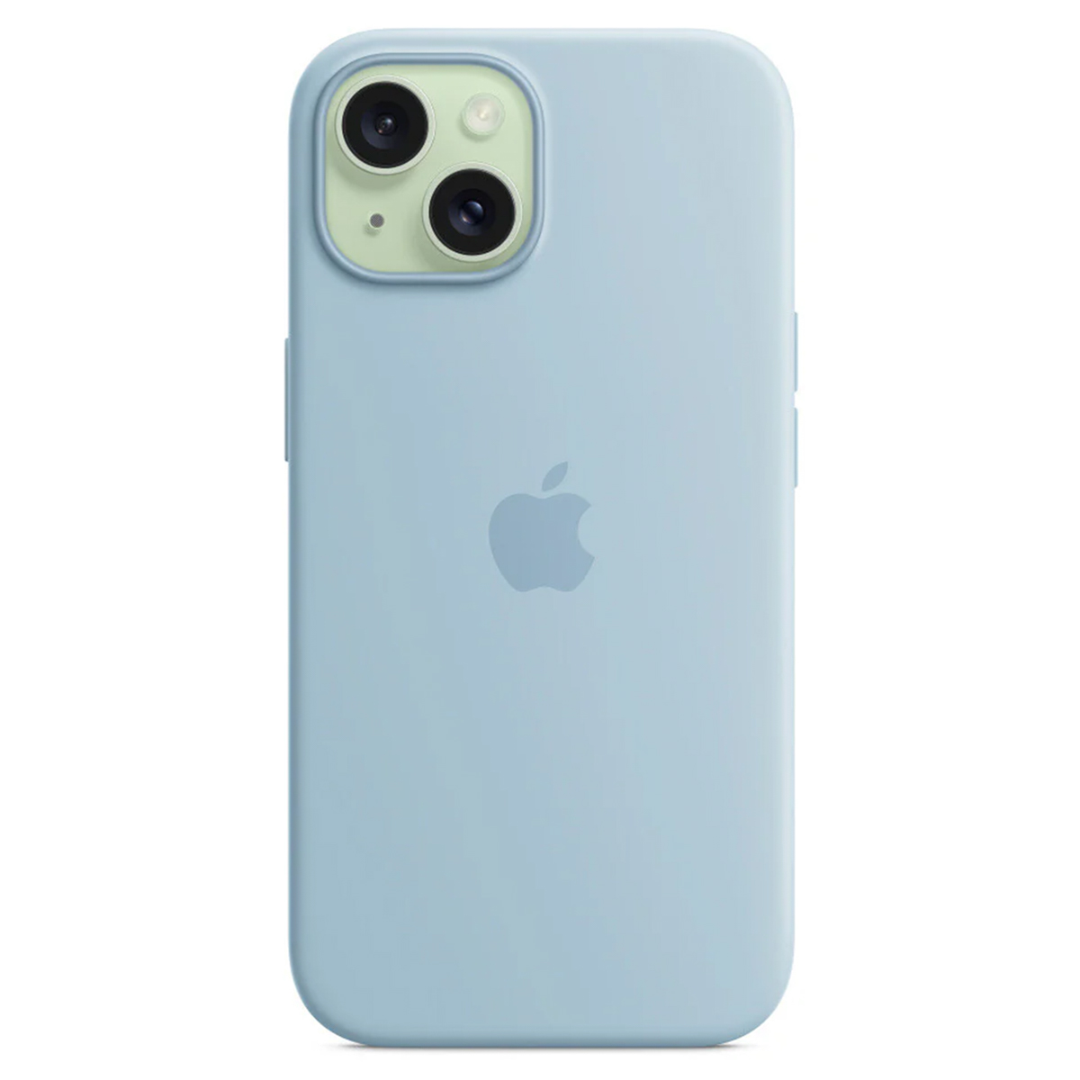 Ein hellblaues iPhone mit Dual-Kamera. Das Apple-Logo ist sichtbar. Das Telefon befindet sich in einer hellblauen Hülle.