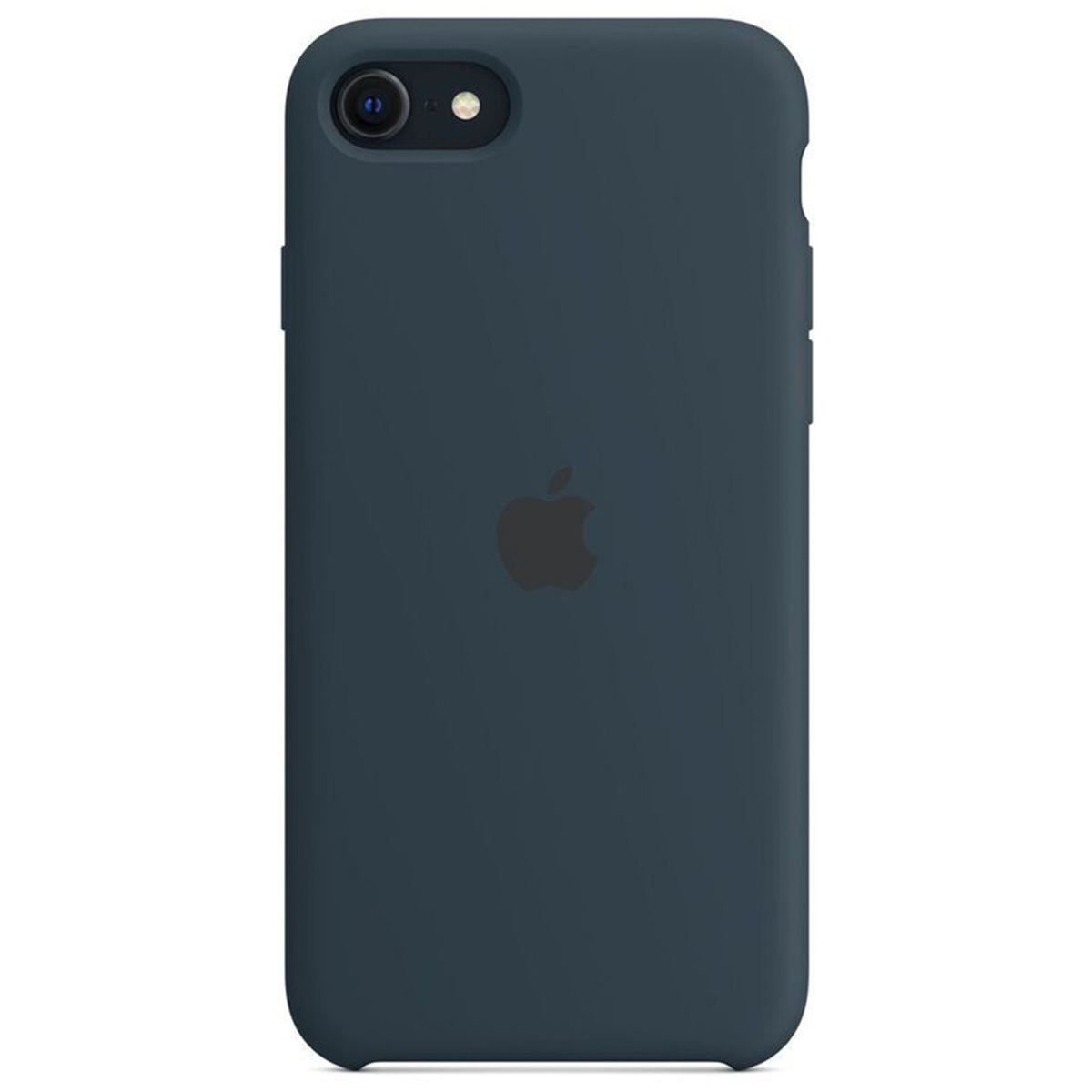 A dark blue iPhone case. It has a camera and a black Apple logo. The case is smooth and has rounded edges.