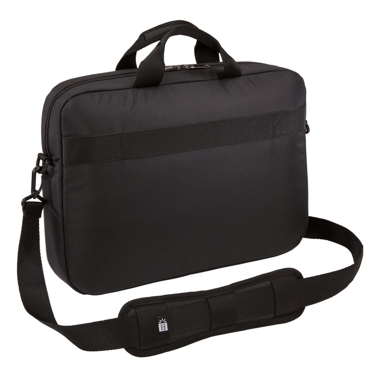 Una borsa nera per laptop con tracolla e manico. Ha una cerniera e il logo Case Logic.