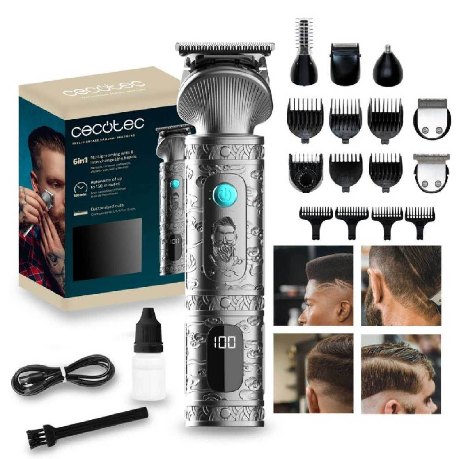 Ein silber-schwarzes elektrisches Pflege-Set mit mehreren Aufsätzen, einer Box und Beispielen für Haarschnitte.