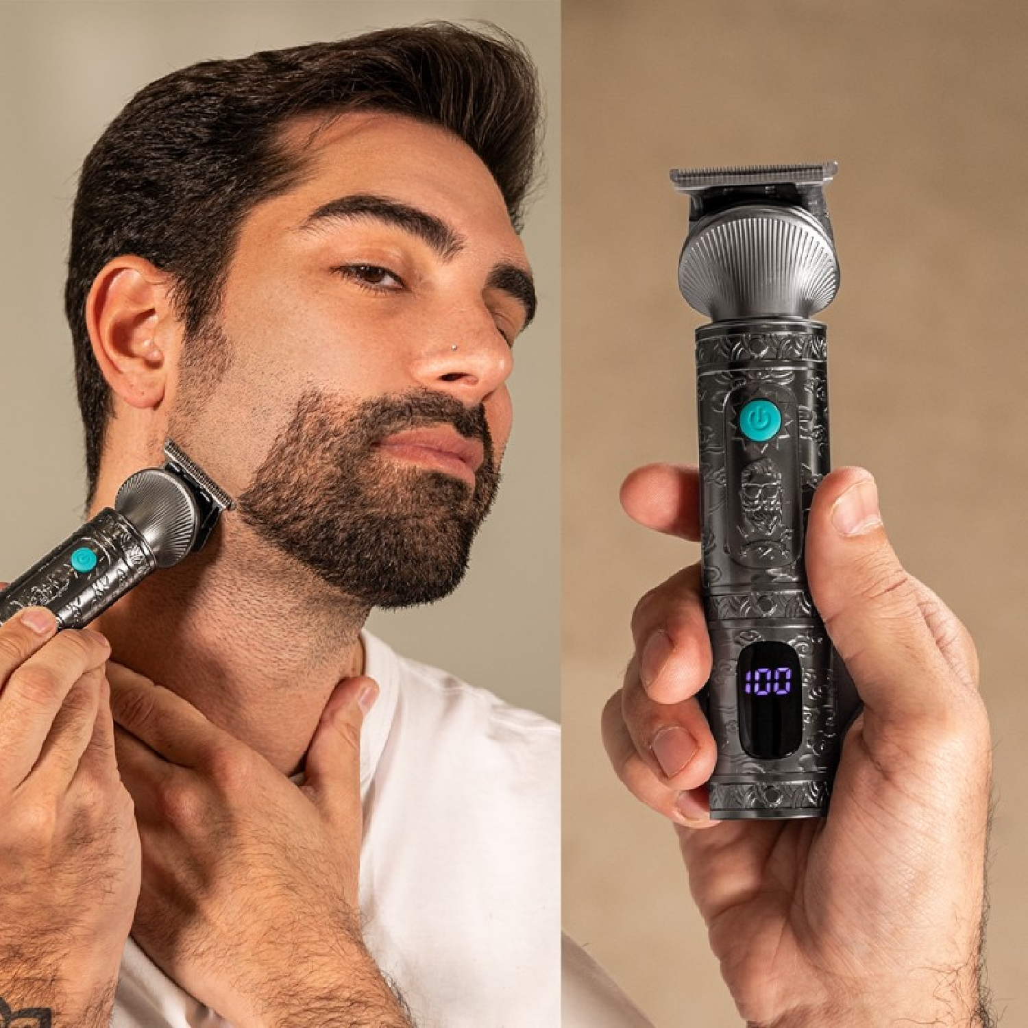 Ein Mann rasiert seinen Bart mit einem Trimmer. Der Trimmer hat eine Digitalanzeige. Der Hintergrund ist eine neutrale Farbe.