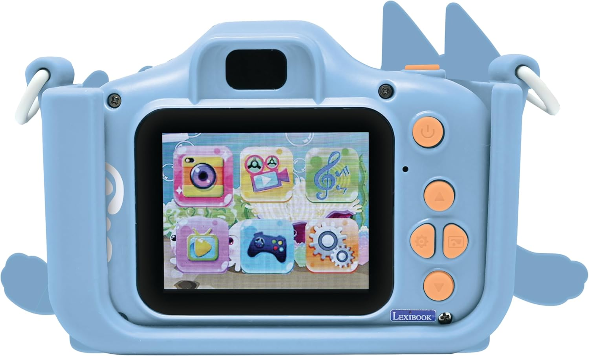 Fotocamera giocattolo blu con schermo che mostra icone colorate. Ha pulsanti arancioni e un cinturino bianco. È una fotocamera Lexibook.