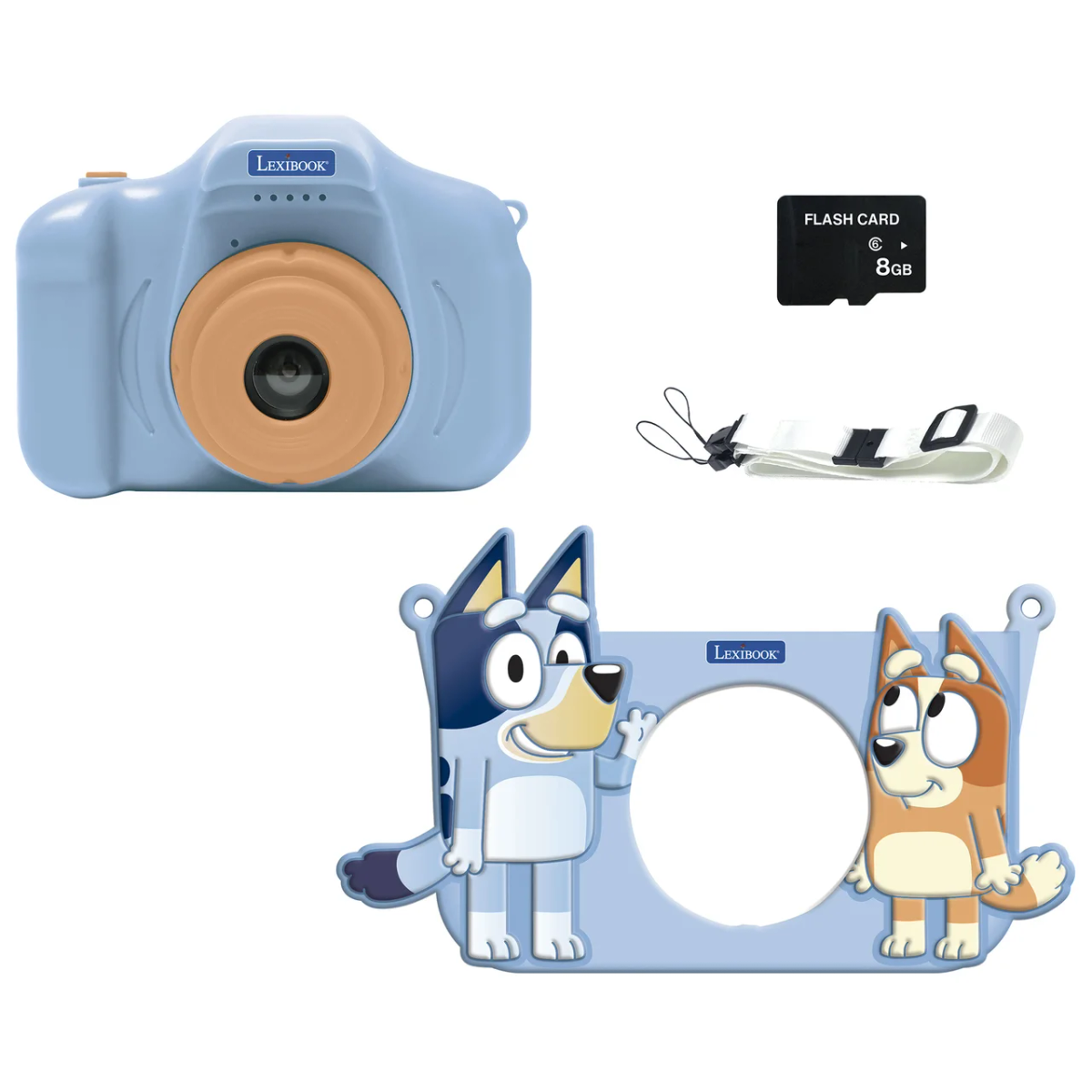 Una fotocamera Lexibook blu, una scheda flash, un cinturino da polso e una cornice per foto di Bluey. La fotocamera ha un obiettivo arancione. Sfondo bianco.