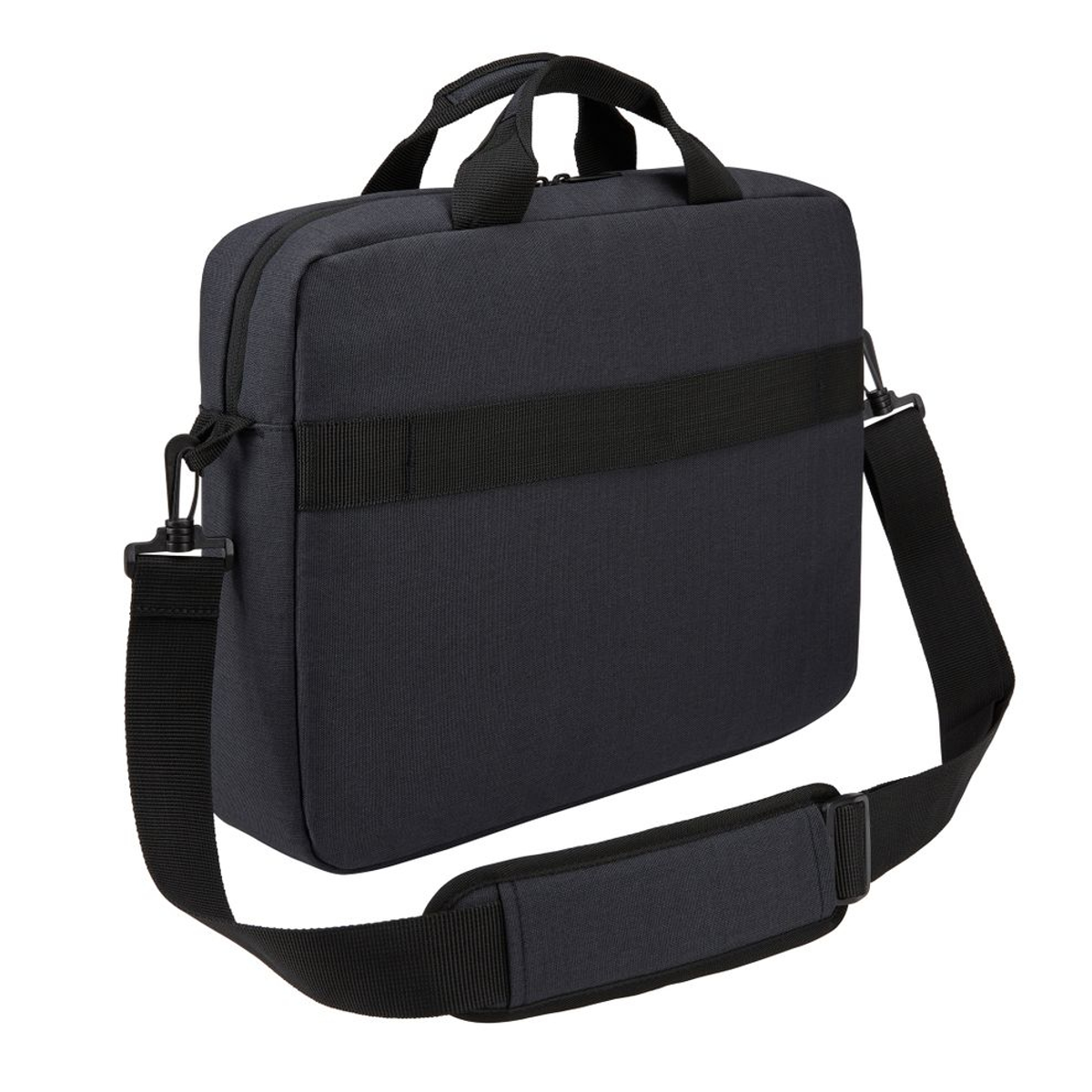 Una borsa grigio scuro per laptop con manico, tracolla e una cinghia nera al centro. Isolato su sfondo bianco.