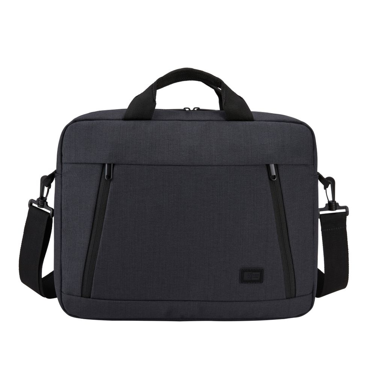 Una borsa per laptop grigio scuro con manico, tracolla e cerniere. Ha un logo sul davanti. Lo sfondo è bianco.