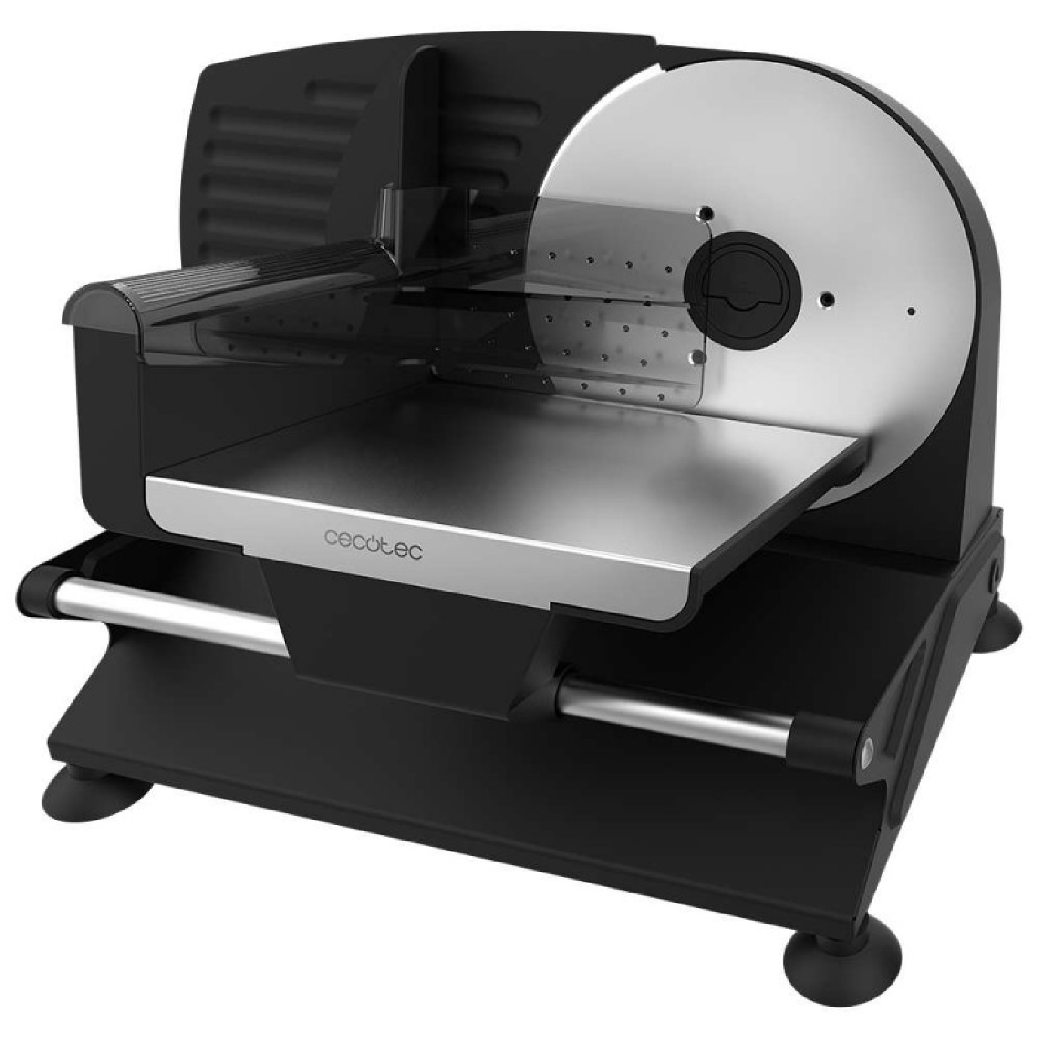 Czarna i srebrna krajalnica do żywności. Ma duże okrągłe ostrze, tacę i czarną podstawę z nazwą marki.