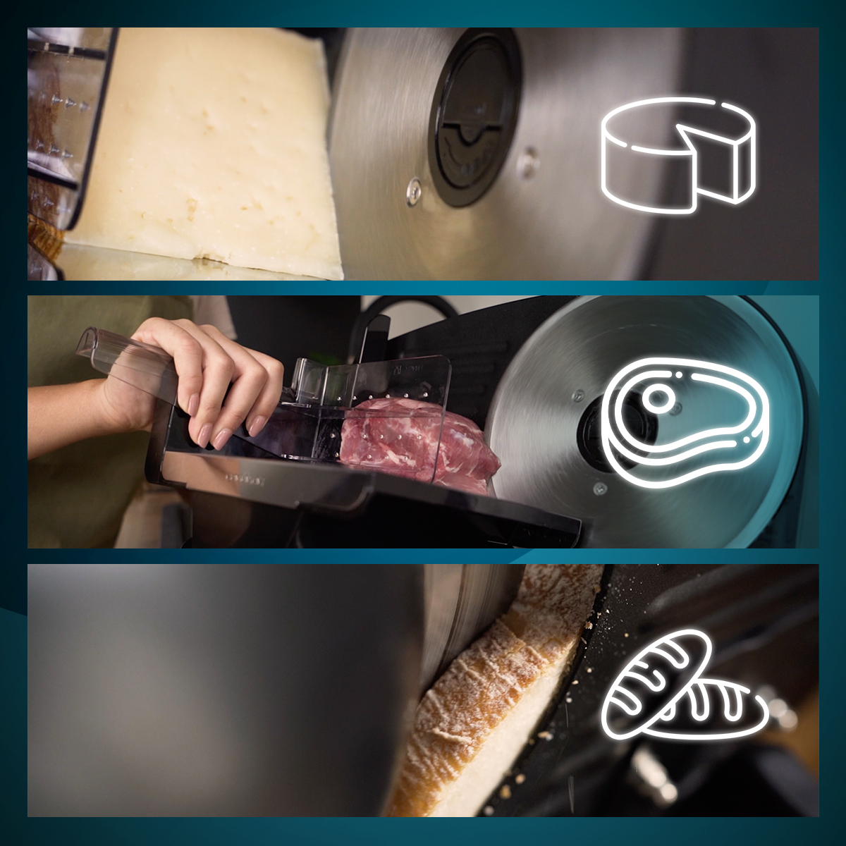 Krajalnica do żywności w akcji, z serem, mięsem i chlebem. Każdy produkt spożywczy jest krojony, z ikonami reprezentującymi żywność.