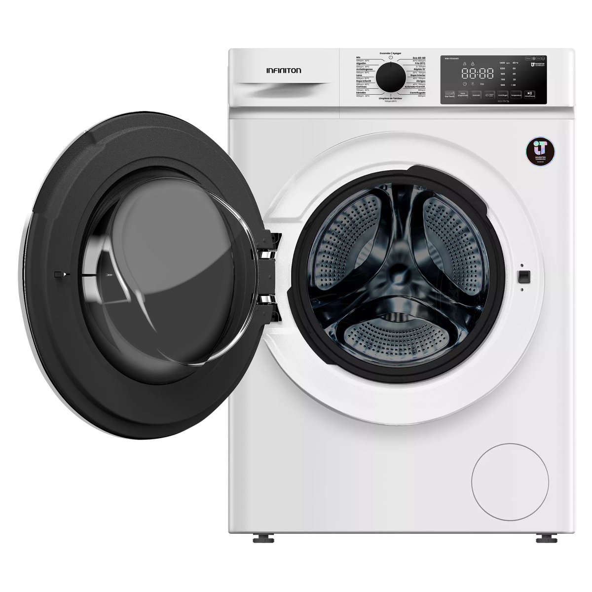 Una lavadora blanca con la puerta negra abierta. Pantalla digital y panel de control. La marca es INFINITON.