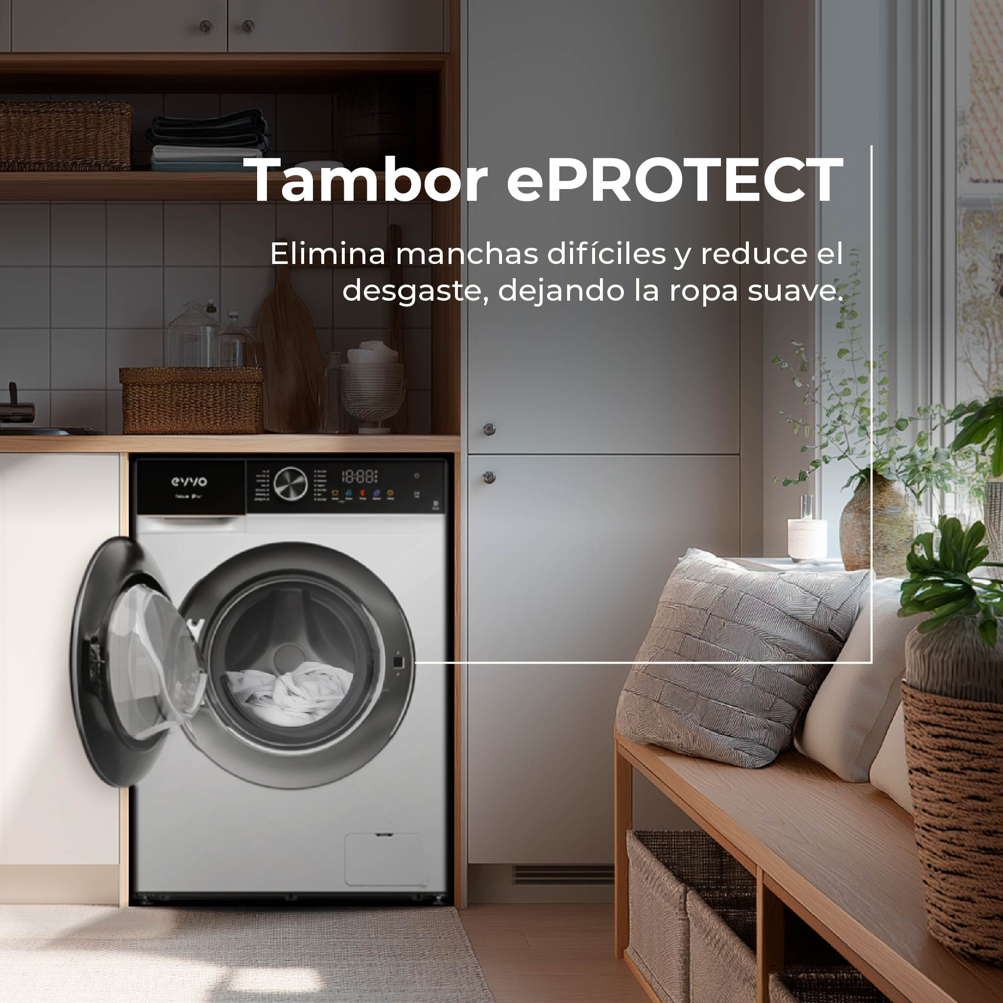 Una lavadora con la puerta abierta. El texto dice 'ePROTECT'. Un banco con almohadas está en el fondo.