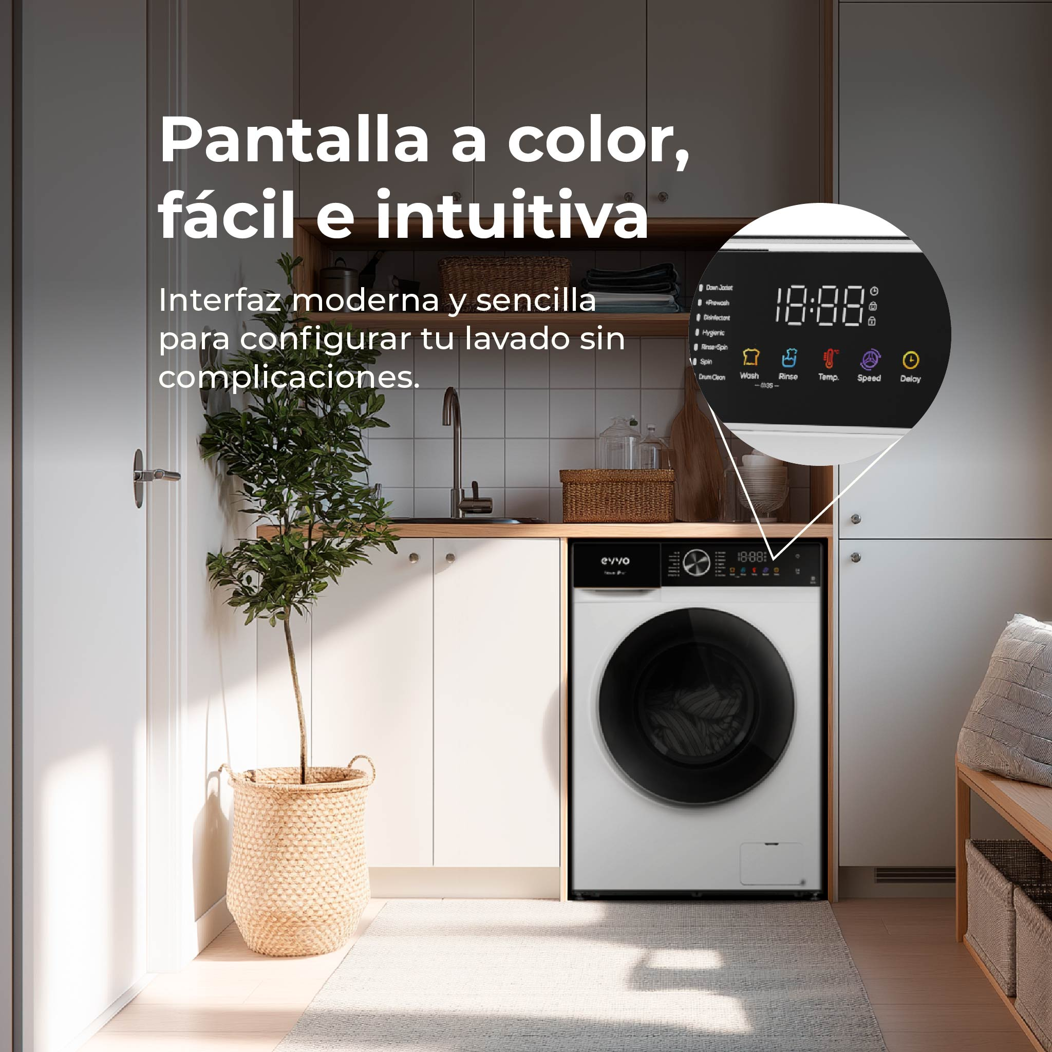 Una lavadora blanca con puerta negra en una cocina. El texto superior dice 'pantalla a color, fácil e intuitiva'.