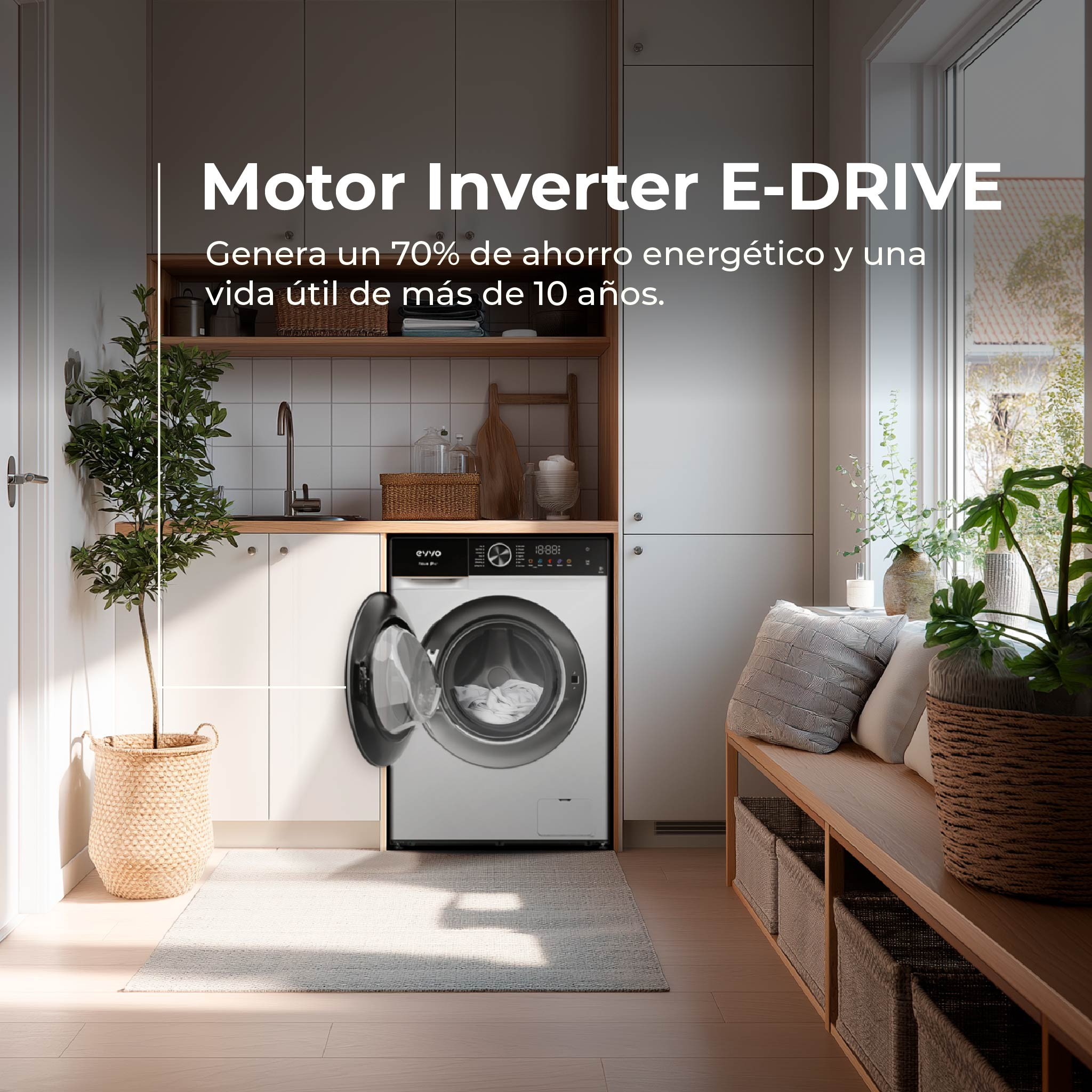 Un moderno cuarto de lavado con lavadora abierta. Texto dice 'Motor Inverter E-DRIVE' y beneficios de ahorro energético.