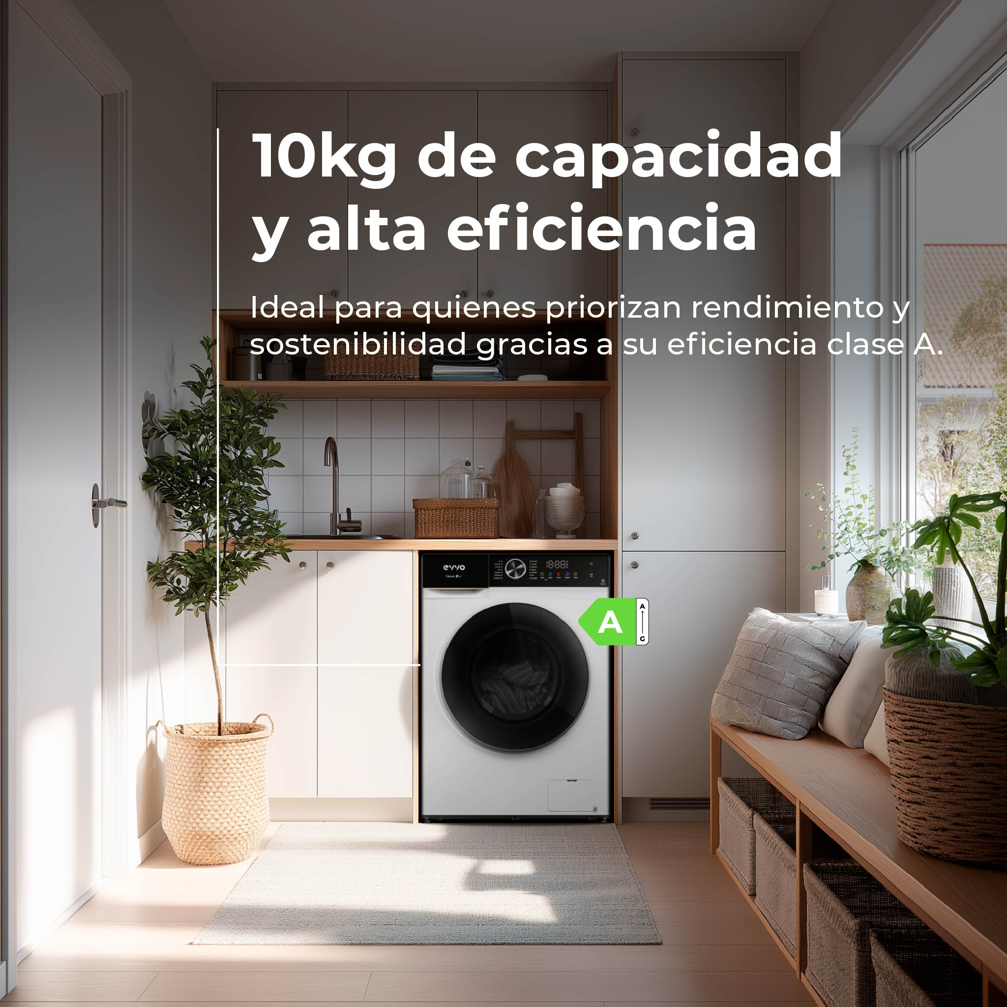 Una lavadora en un lavadero moderno. Texto dice 10 kg de capacidad y alta eficiencia, clase A.