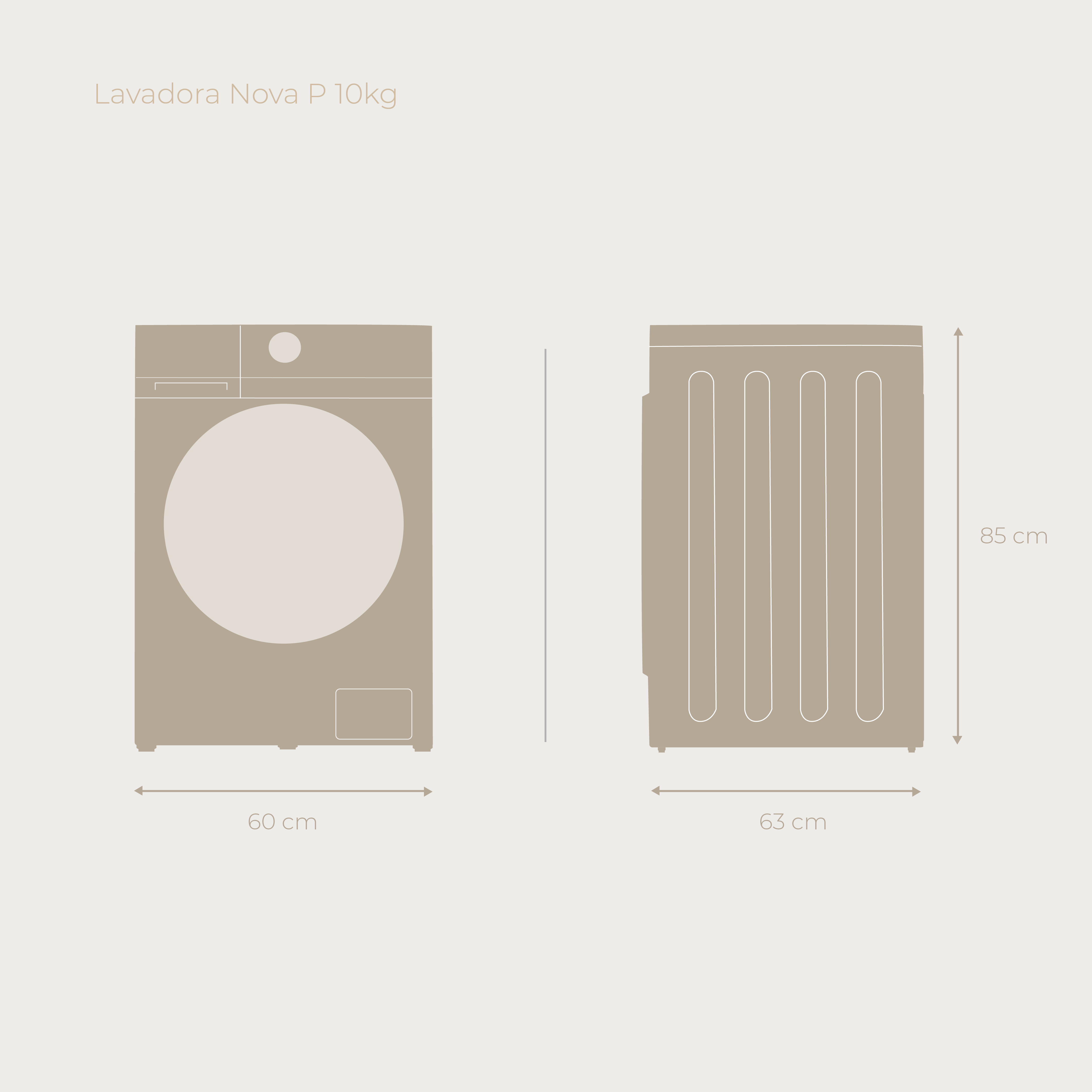 Diagrama de lavadora, vista frontal y lateral, dimensiones en cm y el texto Lavadora Nova P 10kg.
