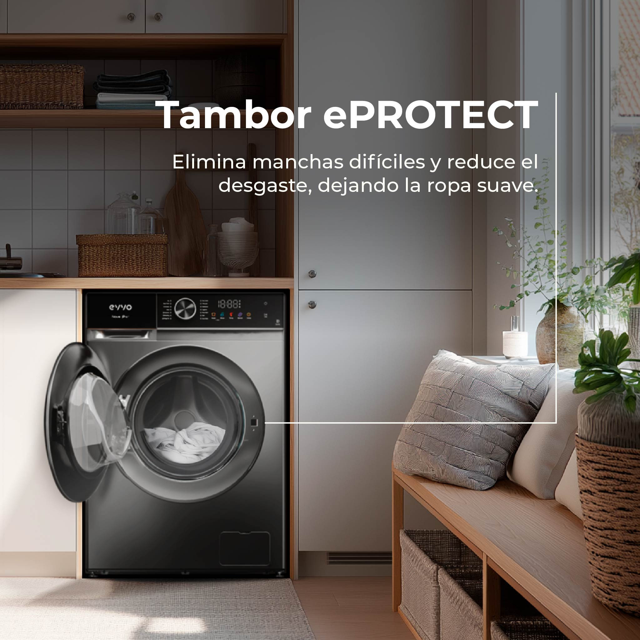 Una lavadora con la puerta abierta, mostrando ropa dentro. El texto de arriba dice 'Tambor ePROTECT'.