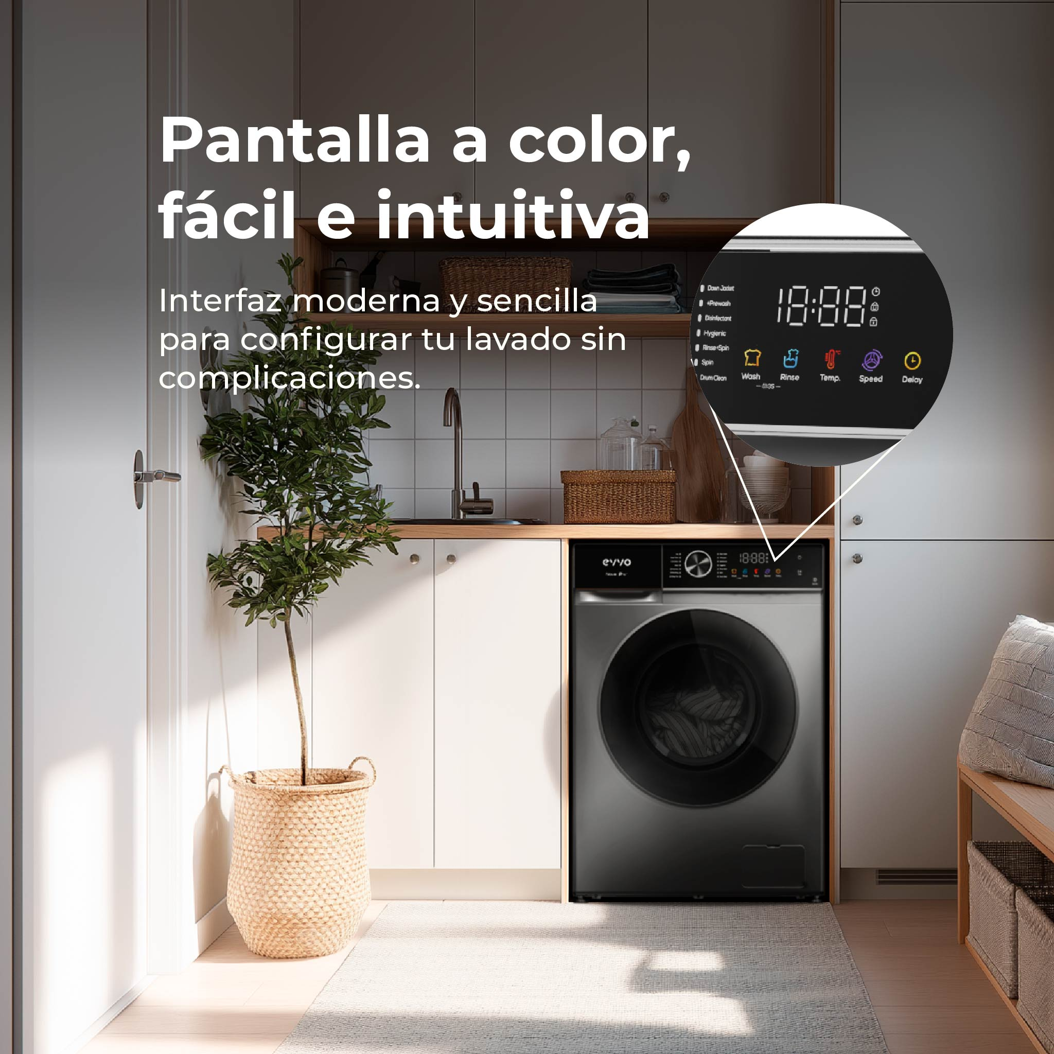 Una lavadora con pantalla digital. Una planta en una cesta está cerca de una puerta blanca.