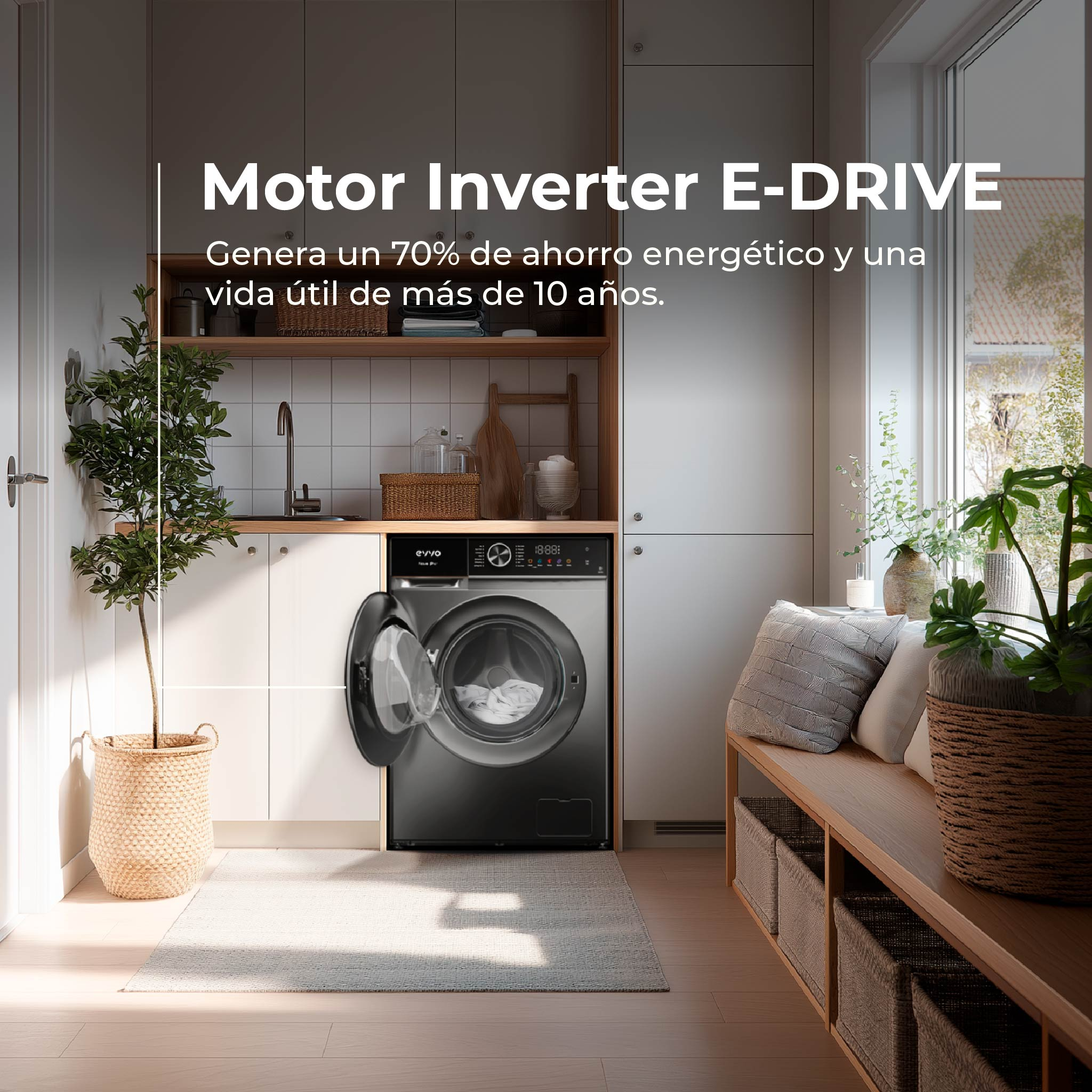 Lavadora con puerta abierta. Lavadero con plantas y banco de madera. Texto: Motor Inverter E-DRIVE.