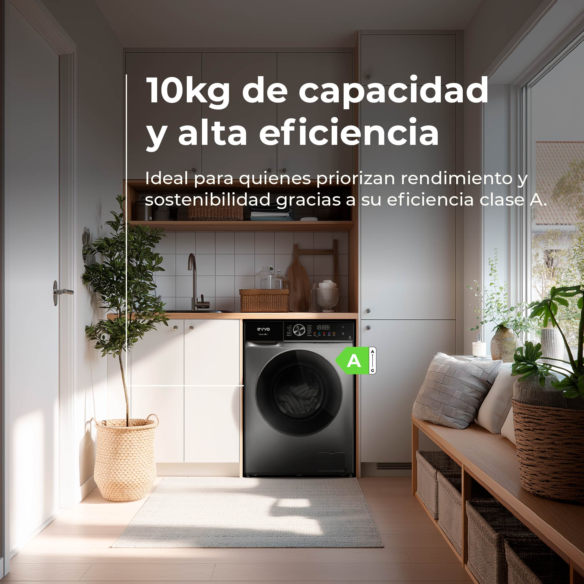 Una lavadora en un lavadero en tonos blancos. El texto dice: 'Capacidad de 10 kg y alta eficiencia'.