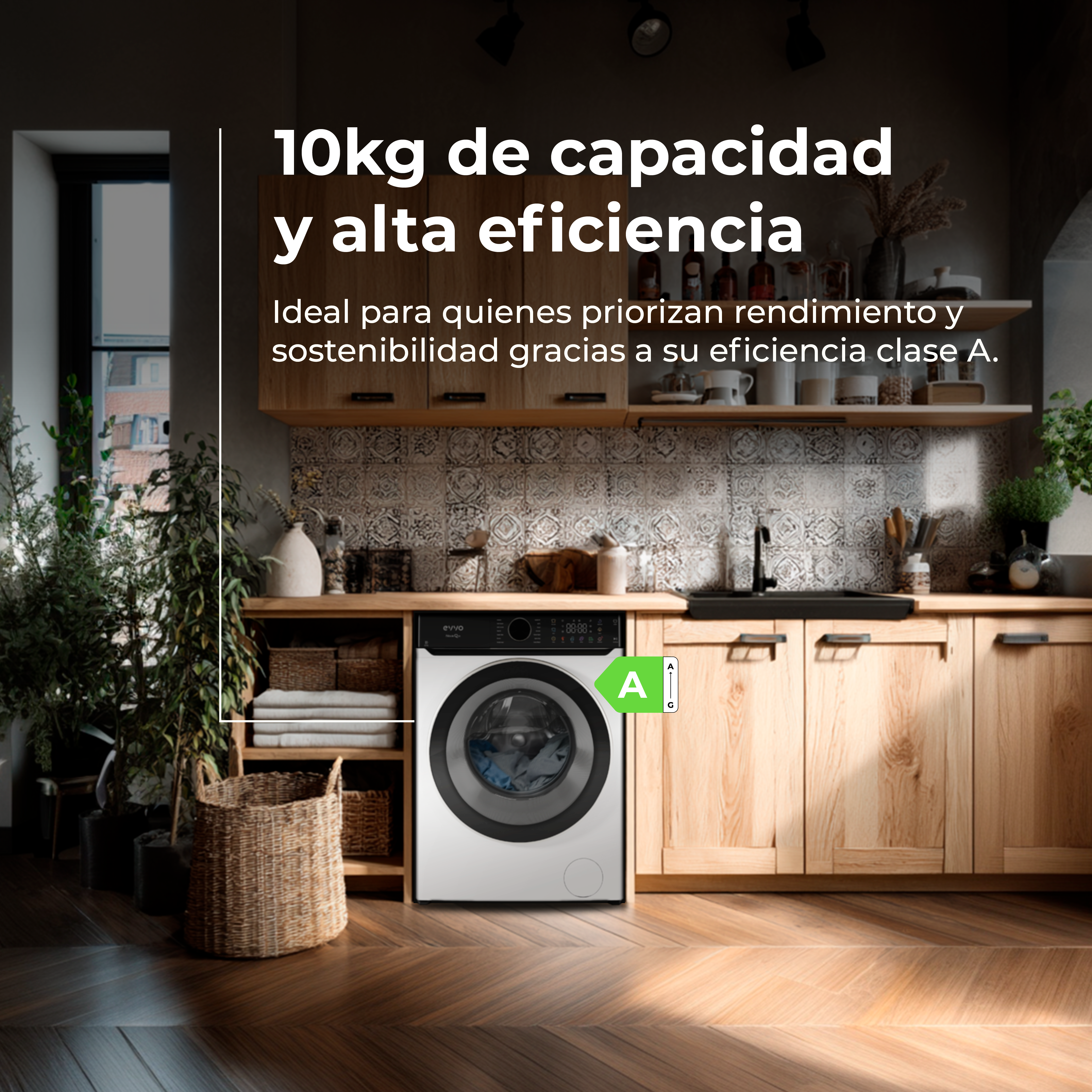 Lavadora con superposición de texto. Muestra una cocina con gabinetes de madera y plantas. La máquina tiene una clasificación energética A.