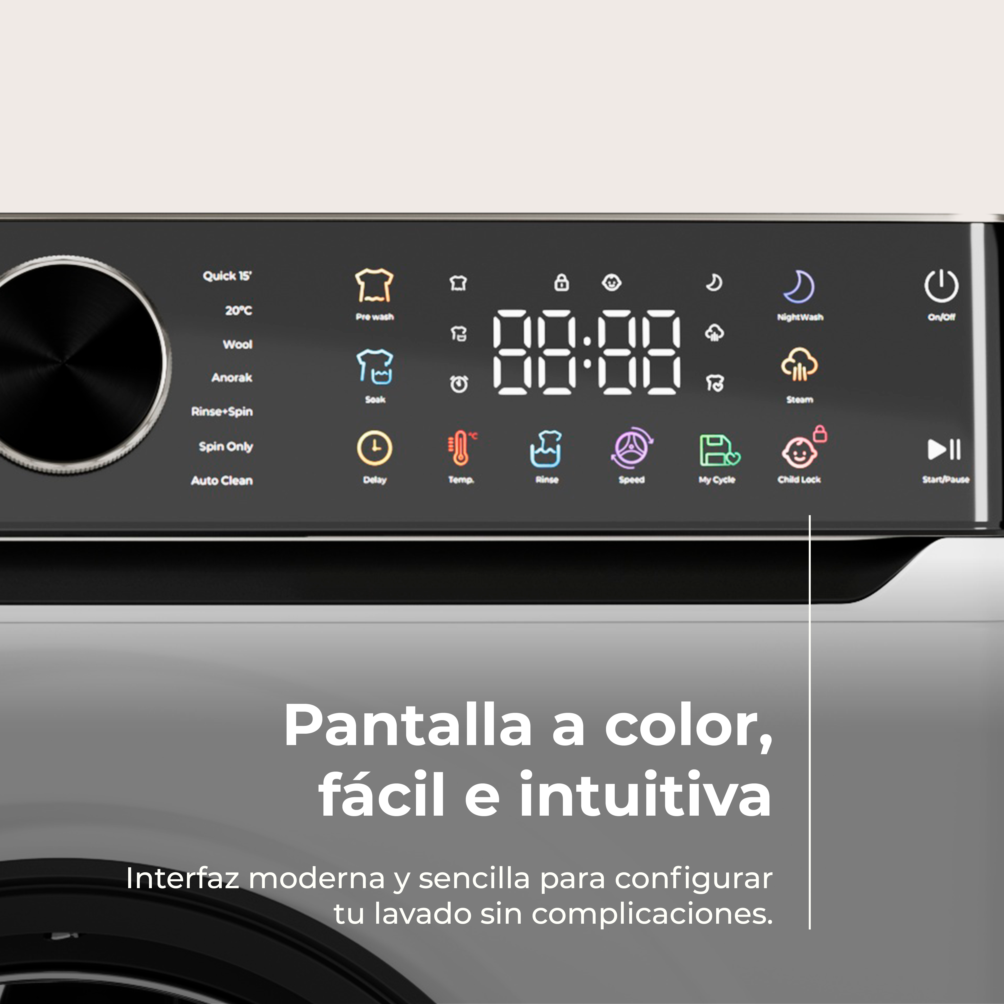 Panel de control de lavadora. Incluye ciclos de lavado, temperatura y visualización de tiempo. Texto en español, 'Pantalla a color...'