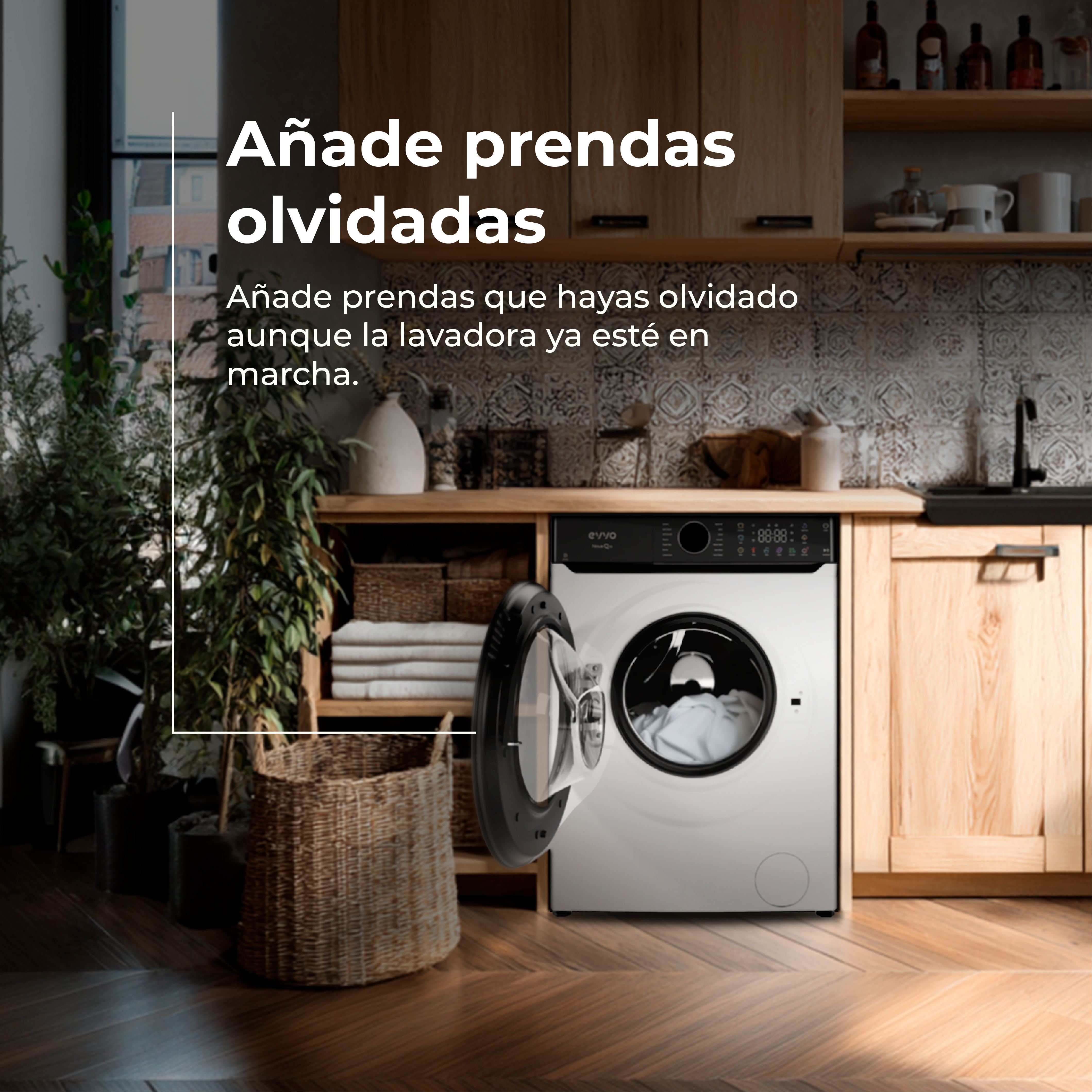 Una lavadora con la puerta abierta. El texto superior dice: Añade prendas olvidadas.