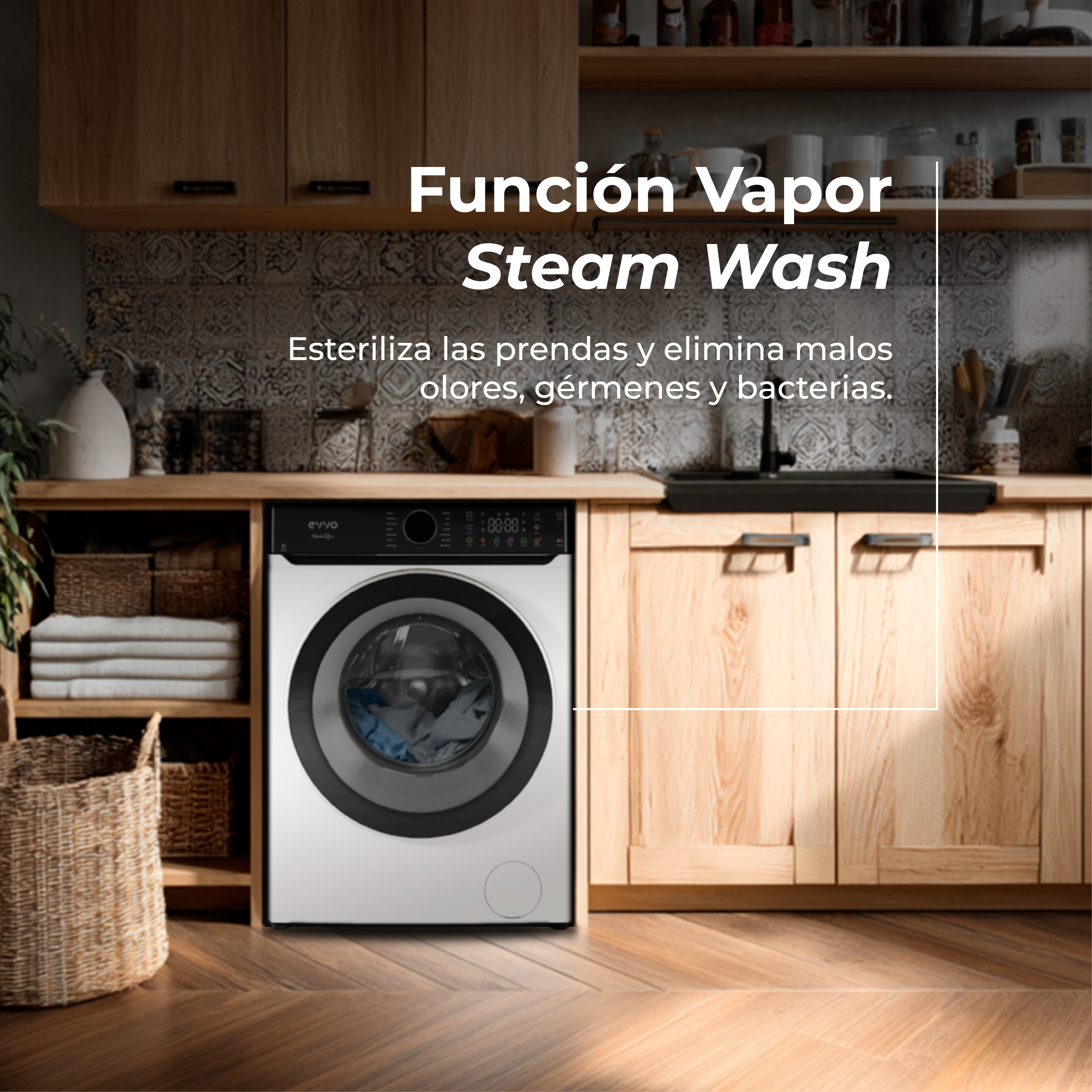 Una lavadora blanca en una cocina de madera. El texto dice Steam Wash. Hay cestas y toallas.
