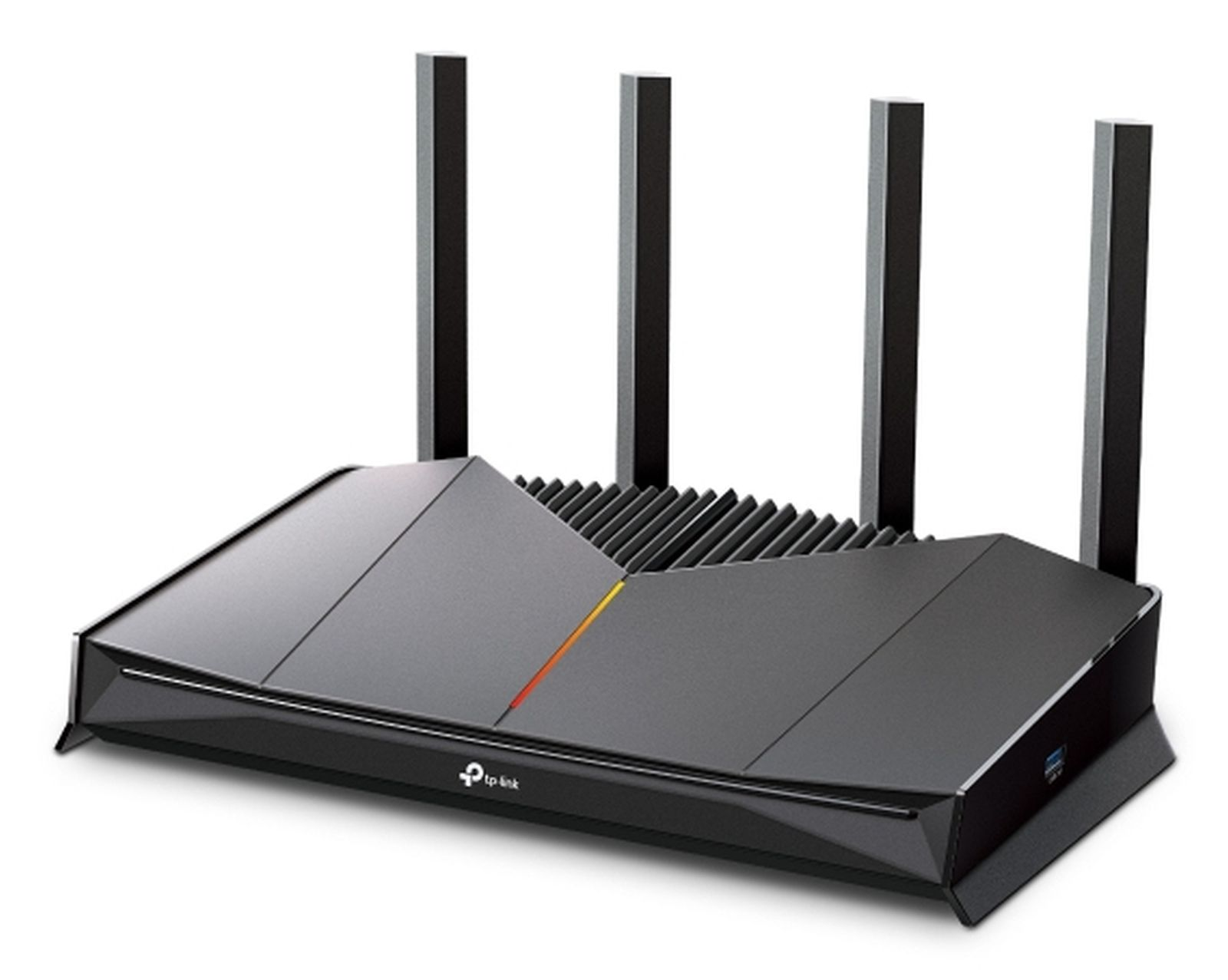 Schwarzer TP-Link-Router mit vier vertikalen Antennen. Er hat ein geometrisches Design und eine farbige Linie oben.