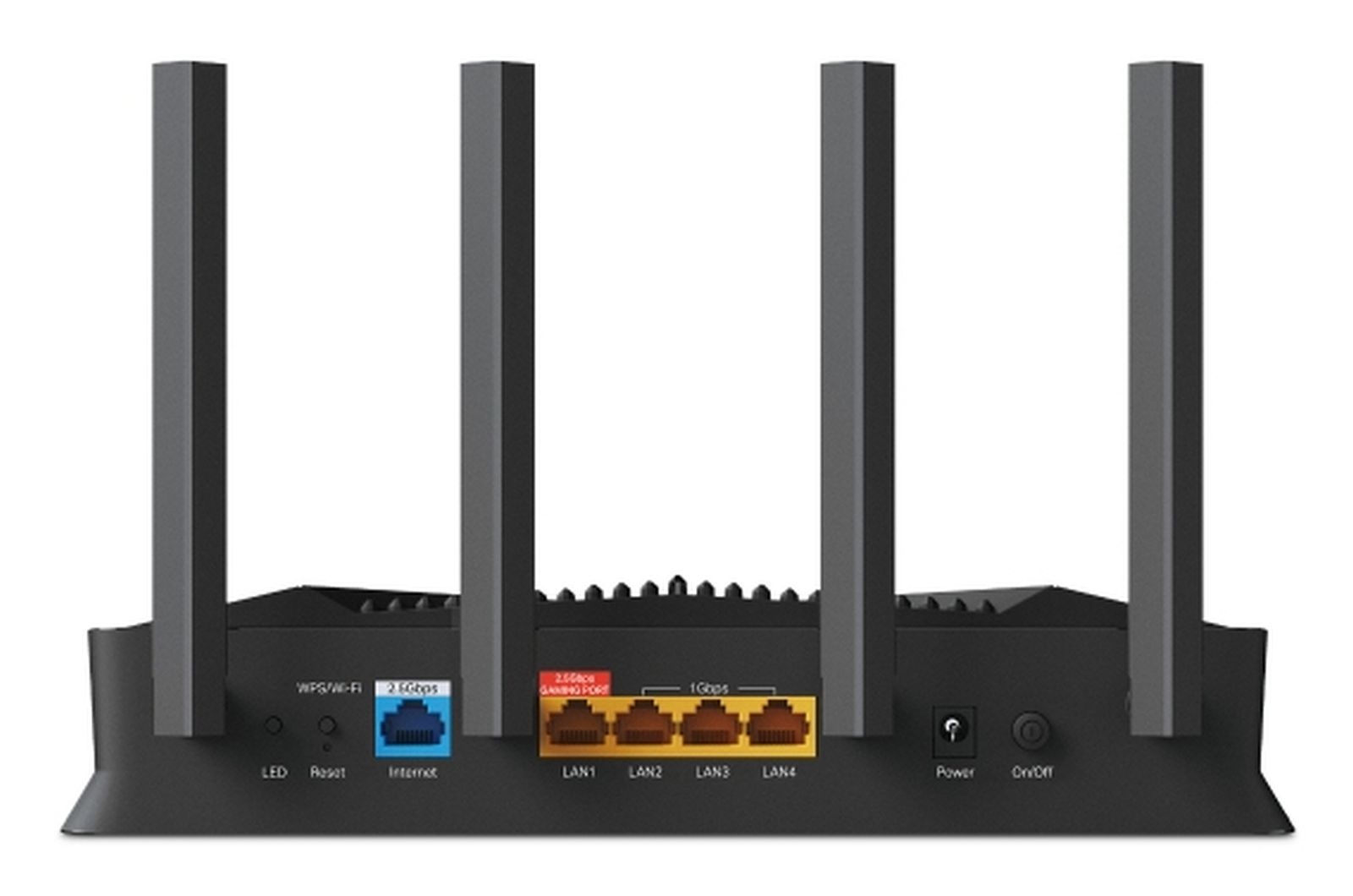 Ein schwarzer Router mit vier Antennen. Anschlüsse mit den Bezeichnungen LAN1-4, Internet, Power- und Reset-Tasten.
