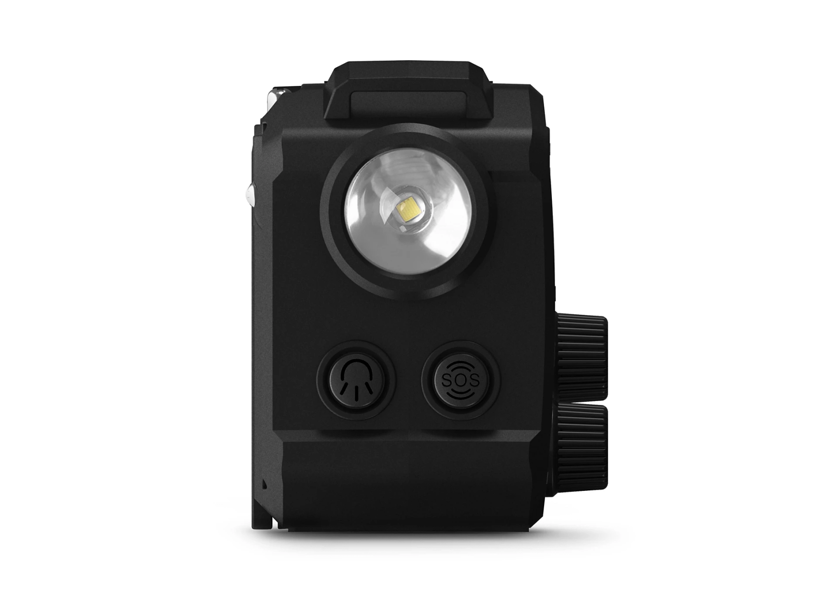 Czarna, prostokątna latarka z jasnym światłem pośrodku, przyciskami i pokrętłami. Widoczne symbole SOS i zasilania.