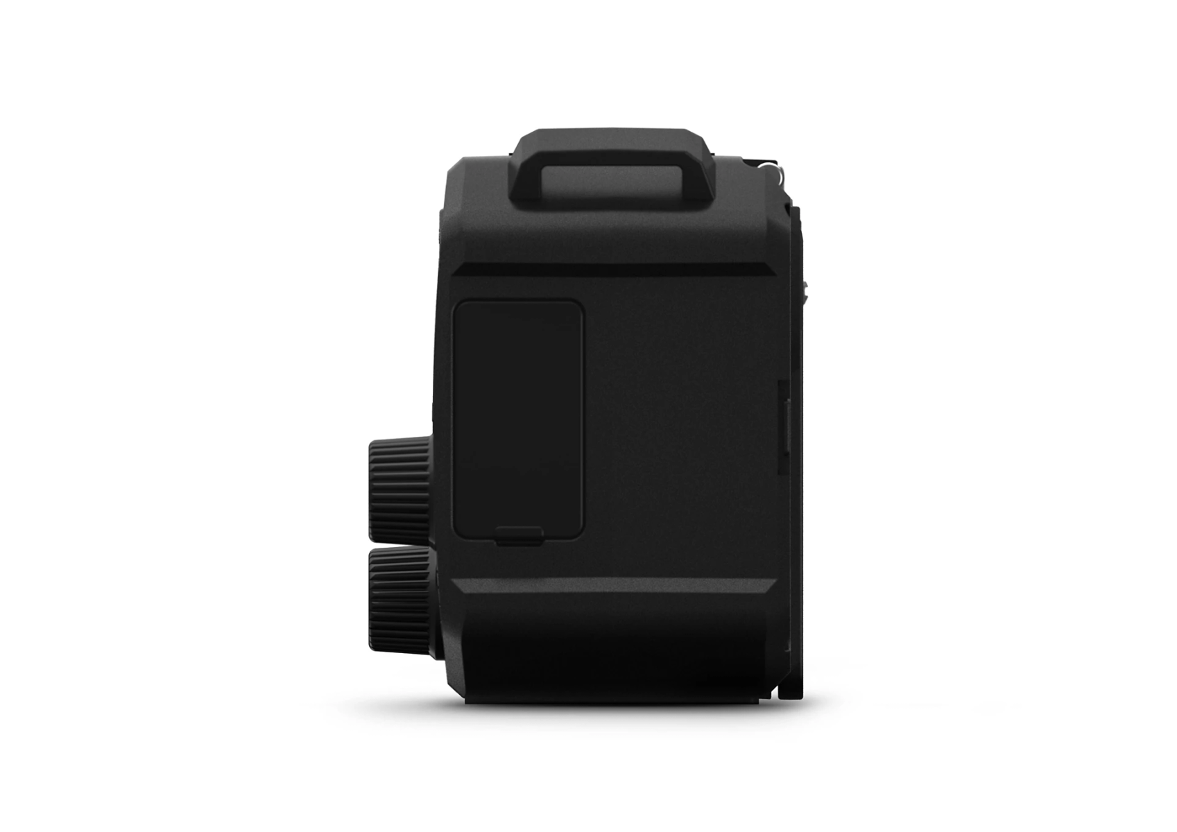 Czarne, prostokątne urządzenie z uchwytem u góry. Dwa pokrętła z boku. Matowe wykończenie na białym tle.