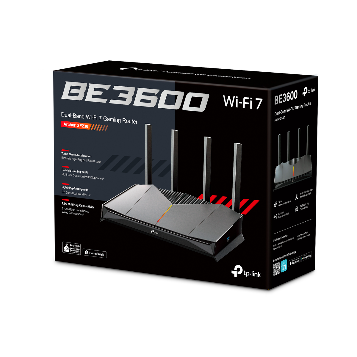 Eine TP-Link BE3600 Wi-Fi 7 Gaming-Router-Box. Sie zeigt den Router und seine Funktionen wie Multi-Gig-Konnektivität.