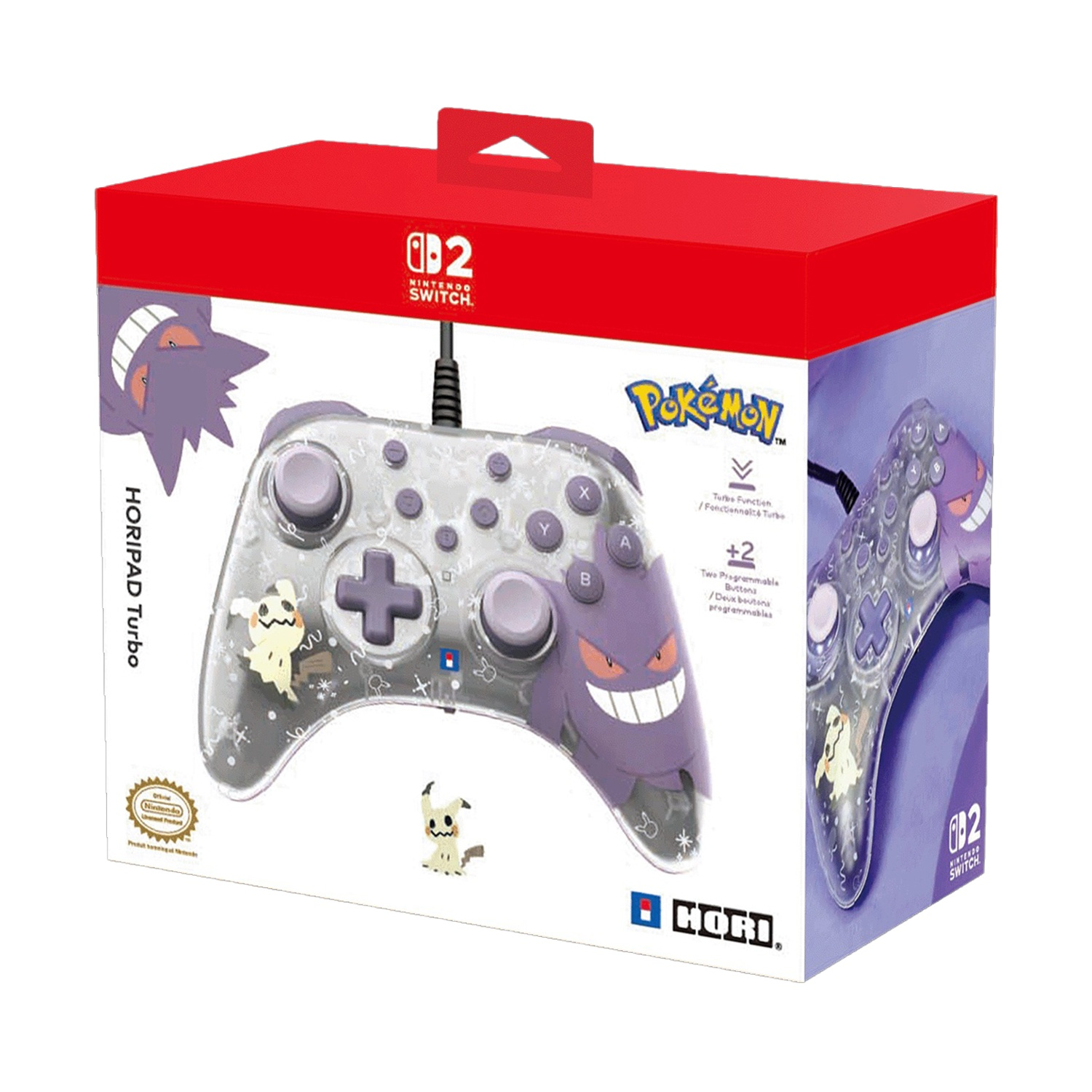 Kontroler Nintendo Switch w pudełku. Zawiera postacie Pokémonów Gengar i Mimikyu. Czerwona góra, białe boki, przezroczysty kontroler.
